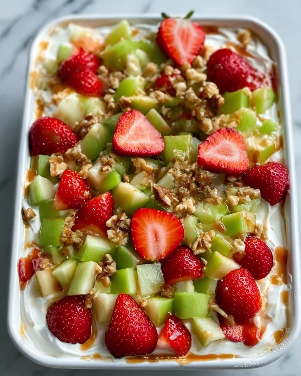 A white rectangular dish filled with a layered dessert starting with a thick, light cream base on the bottom, followed by a layer of small chopped green apple pieces and sliced ripe strawberries spread evenly on top. There are also small pieces of chopped walnuts scattered over the fruit, with more whole strawberry halves placed decoratively on top. The colors include the white cream, bright green apples, deep red strawberries, and light brown walnuts, all set against a white marbled surface. Photo taken with an iphone --ar 4:5 --v 7