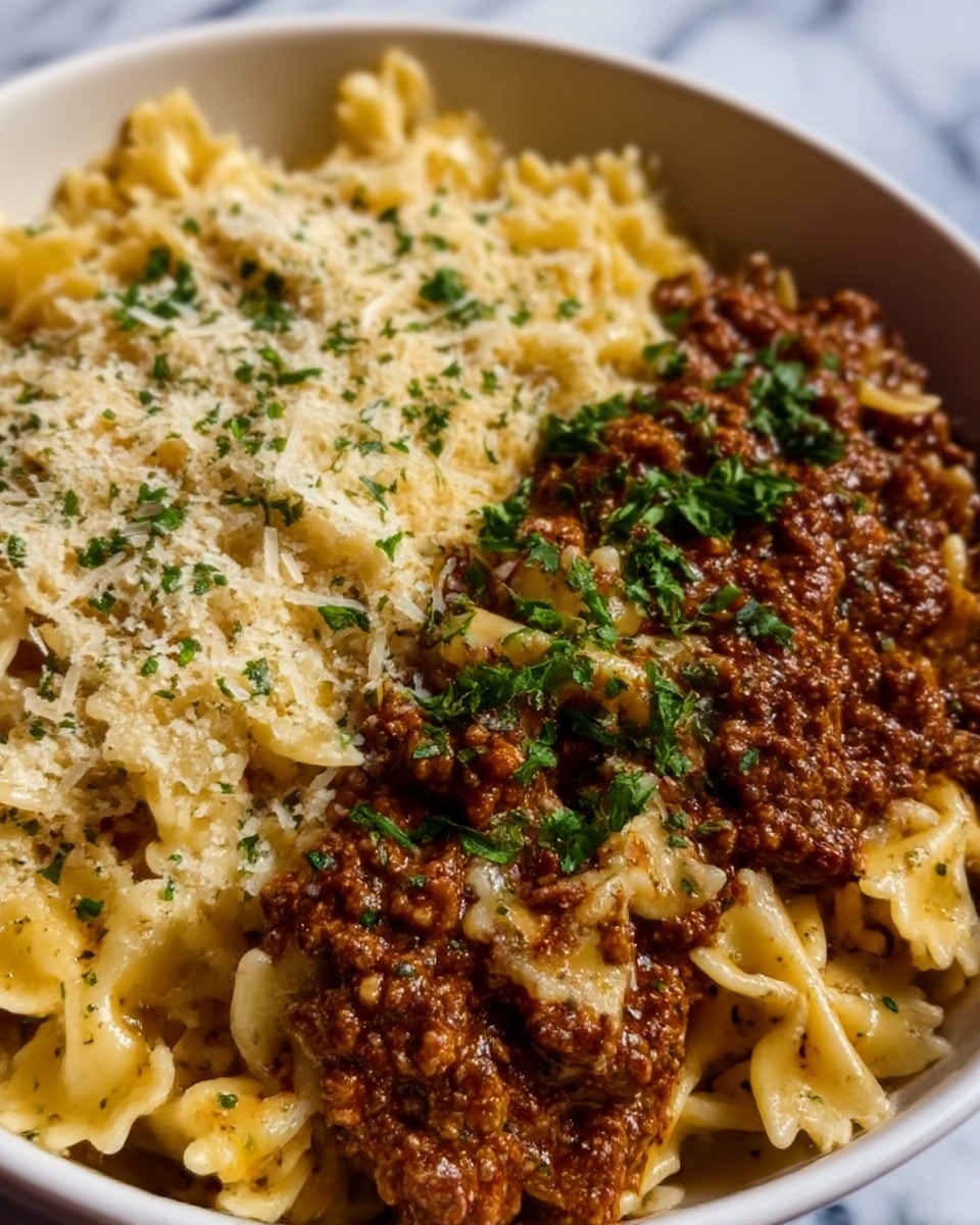 A close-up image of a white bowl filled with two layers of food: on the left side, there is a creamy, light yellow pasta topped with a sprinkle of finely chopped green herbs and grated cheese; on the right side, there is a rich, dark brown minced meat sauce garnished with fresh green herbs. The pasta has a soft texture and the meat sauce looks thick and hearty. The bowl sits on a white marbled surface. The photo was taken with an iphone --ar 4:5 --v 7