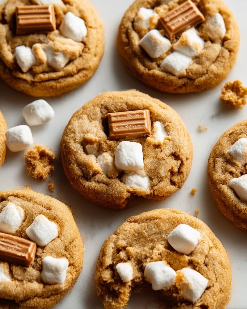 The image shows six round cookies on a white marbled surface, each cookie with a soft, golden-brown texture and small white marshmallows embedded on top. Each cookie also has a small rectangular chocolate bar piece placed near the center, slightly melting into the cookie dough. The cookies look thick and chewy with some crumb bits around them, giving a homemade feel. Photo taken with an iphone --ar 4:5 --v 7