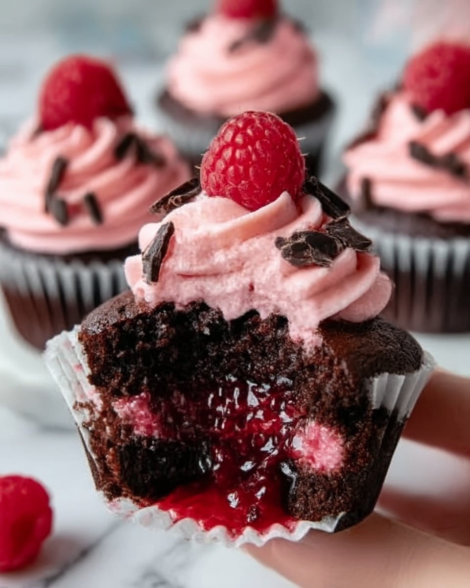 The image shows a close-up of a dark chocolate cupcake with pink frosting and a fresh raspberry on top. The cupcake has three main visible layers: the bottom dark brown cake base, a middle layer of bright red berry jam oozing out from a bite taken from the front, and a thick top layer of creamy pink frosting swirled in soft peaks. The frosting is decorated with small dark chocolate shavings and a whole raspberry. Several similar cupcakes are placed in the background on a white marbled surface, slightly out of focus. A woman's hand is holding the bitten cupcake from the front. photo taken with an iphone --ar 4:5 --v 7