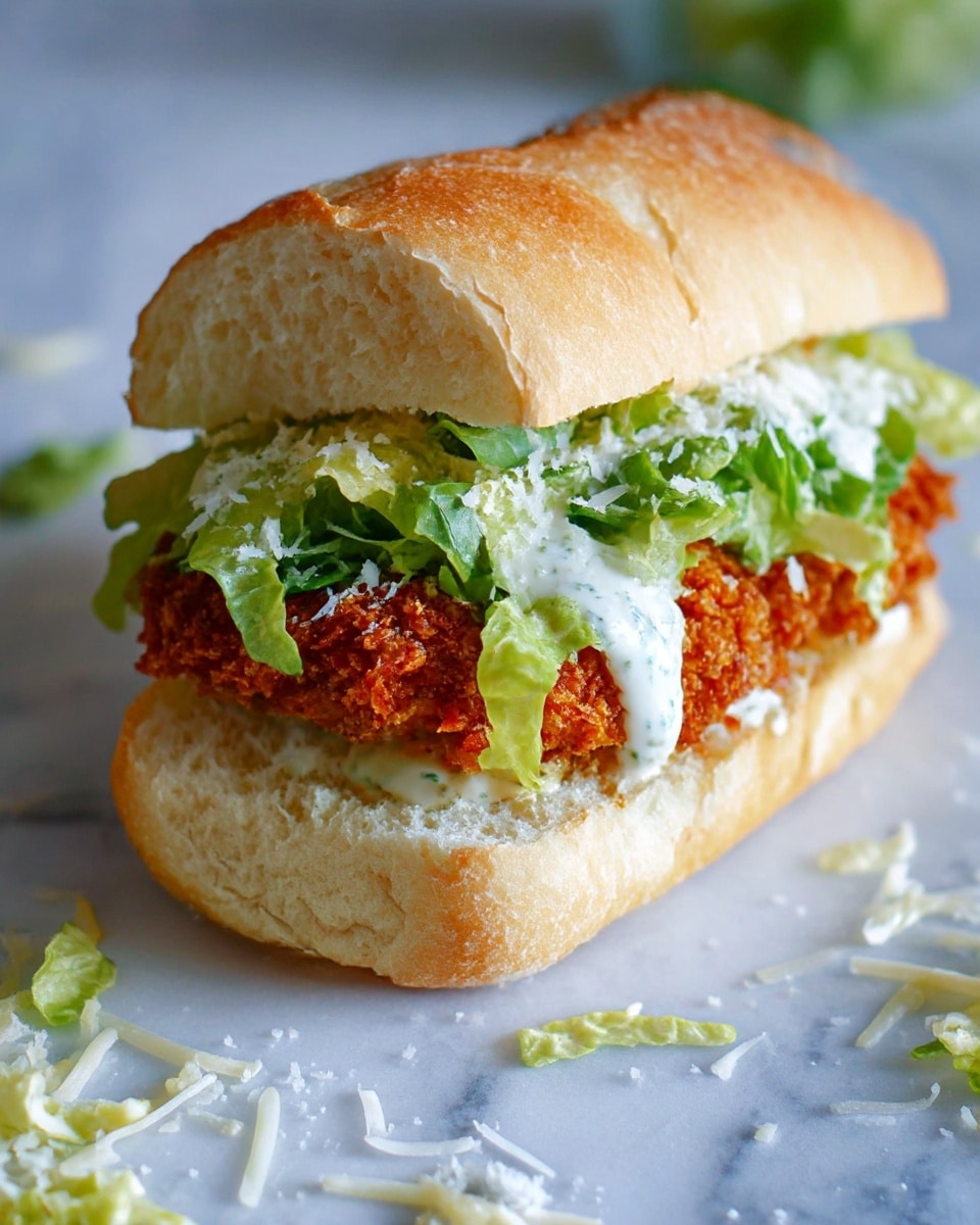 The image shows a sandwich with three main layers. The bottom layer is a soft, light beige bread roll cut open, with a slightly fluffy inside texture. The middle layer is a crispy, golden-brown fried patty, rough and crunchy in appearance. On top of the patty, the third layer is fresh green leafy lettuce covered in white creamy sauce with small bits of white cheese sprinkled on top. The sandwich is placed on a white marbled surface with some shredded cheese and lettuce pieces scattered around it. Photo taken with an iphone --ar 4:5 --v 7