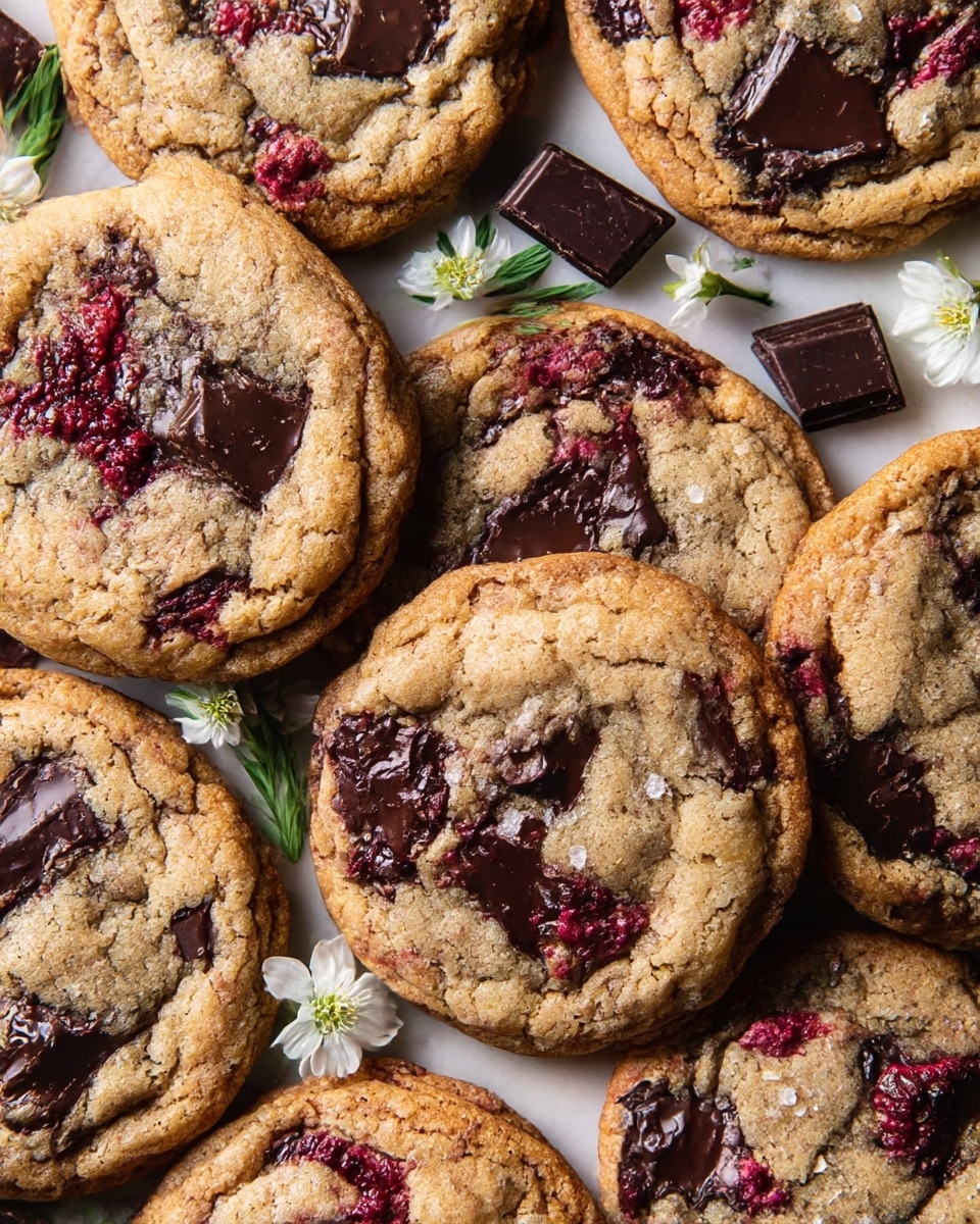 A close-up view of several round cookies arranged closely together on a white marbled surface. Each cookie has a golden-brown baked texture with slightly crispy edges and a soft, chewy center. Swirls of melted dark chocolate and patches of bright red raspberry bits are visible throughout the cookies, creating a mix of dark brown, light brown, and red colors. Small pieces of dark chocolate chunks are scattered around the cookies, along with tiny white flowers and green leaves placed decoratively. photo taken with an iphone --ar 4:5 --v 7