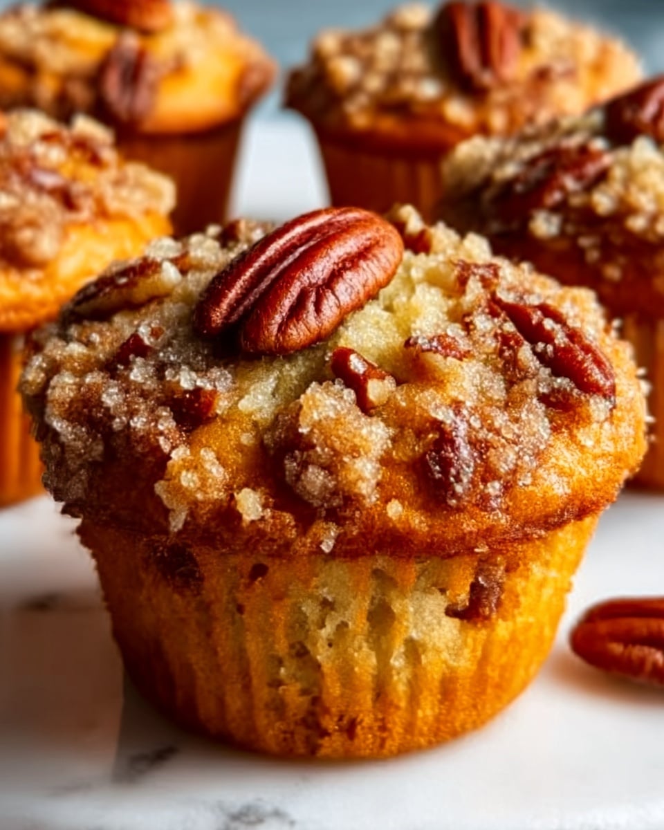 A close-up image of a golden brown muffin with a crumbly topping that looks sugary and slightly toasted, covered with small pecan pieces, and topped with a single whole pecan in the center. The muffin's textured surface shows moist crumb inside the crisp outer layer. In the background, there are other muffins, all on a white marbled surface. The lighting highlights the warm colors and texture details of the muffins. Photo taken with an iphone --ar 4:5 --v 7