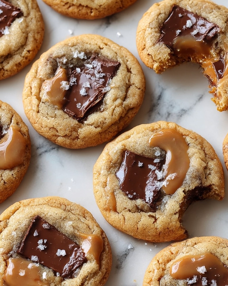 The image shows several round cookies laid out on a white marbled surface, each cookie with a golden-brown base layer that looks soft and chewy. On top, there are uneven dark chocolate chunks embedded into the dough, creating glossy, melted patches. There are smooth, light brown caramel dollops scattered over the surface of the cookies, some slightly melted and spreading across the chocolate and dough. A light dusting of coarse white salt flakes is visible on the cookies, adding texture and shine. One cookie in the upper right corner is partially eaten, revealing the soft inside layers with melted chocolate and caramel. Photo taken with an iphone --ar 4:5 --v 7
