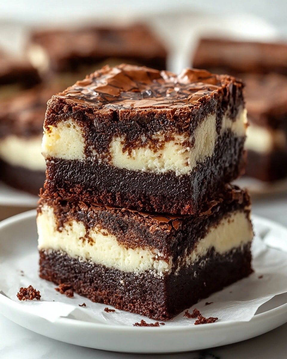 The image shows two thick, rich chocolate brownies stacked on a white plate. The bottom brownie has a dense, moist texture with visible tiny pockets, and the top brownie looks soft with walnut pieces embedded inside. A glossy, golden caramel sauce is slowly dripping down the sides of the brownies, pooling slightly on the plate. The background is a soft white marbled texture, highlighting the dark brown of the dessert and the caramel’s shiny surface. Photo taken with an iphone --ar 4:5 --v 7
