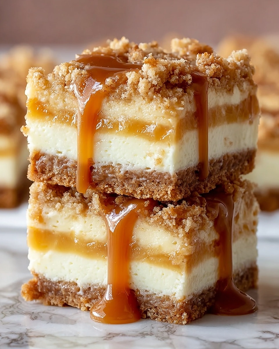 Two square dessert bars are stacked on top of each other, each showing four layers: at the bottom, a crumbly, light brown crust; above that, a thick, creamy white cheesecake layer; then a smooth, light yellow caramel-like layer; and on top, a crumbly, golden-brown streusel. Thick, shiny caramel sauce drips down the sides, adding a sticky texture and rich amber color. They sit on a white marbled surface with a soft-focus background. photo taken with an iphone --ar 4:5 --v 7