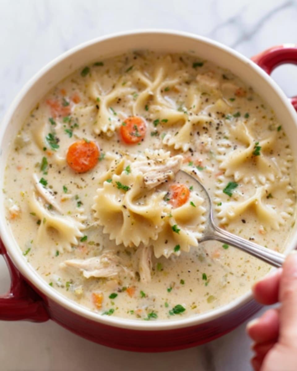 A white bowl filled with a creamy soup containing small bowtie pasta pieces, orange carrot slices, and small bits of chicken. The soup has a smooth, pale cream color with green herbs sprinkled throughout. A silver spoon is partly submerged in the soup, held by a woman's hand on the right side. The bowl is placed on a white marbled surface. photo taken with an iphone --ar 4:5 --v 7