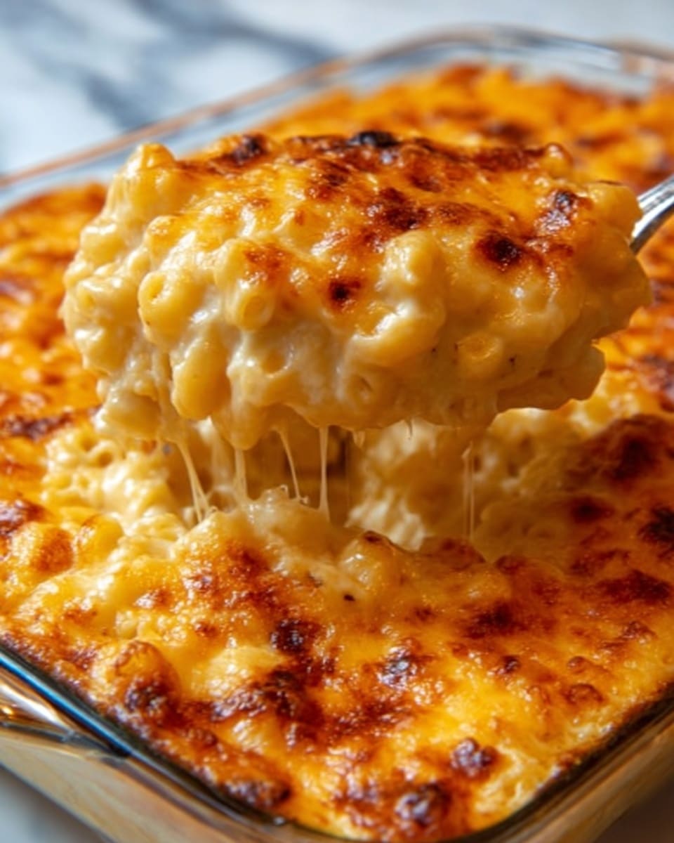 A close-up view of a cheesy baked macaroni and cheese dish in a clear glass baking dish. The top layer is golden brown with spots of deep brown where the cheese has crisped and melted perfectly. A large spoon scoop lifts a portion, revealing gooey, stretchy melted cheese underneath with soft, creamy macaroni pasta visible, showing a smooth and rich texture. The background and surface are white with a marbled texture, highlighting the warm, inviting color of the dish. Photo taken with an iphone --ar 4:5 --v 7