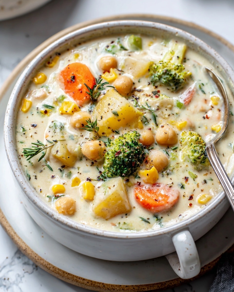 A close-up of a white bowl filled with creamy soup, showing about three layers: a thick white cream base mixed with small green broccoli pieces and yellow corn kernels spread evenly; chunks of beige potato, soft orange carrot slices, and round chickpeas scattered on top; and garnished with green herb sprigs and visible black pepper flakes, with a silver spoon resting inside the bowl. The bowl is placed on a white plate with a white marbled texture background around it. photo taken with an iphone --ar 4:5 --v 7