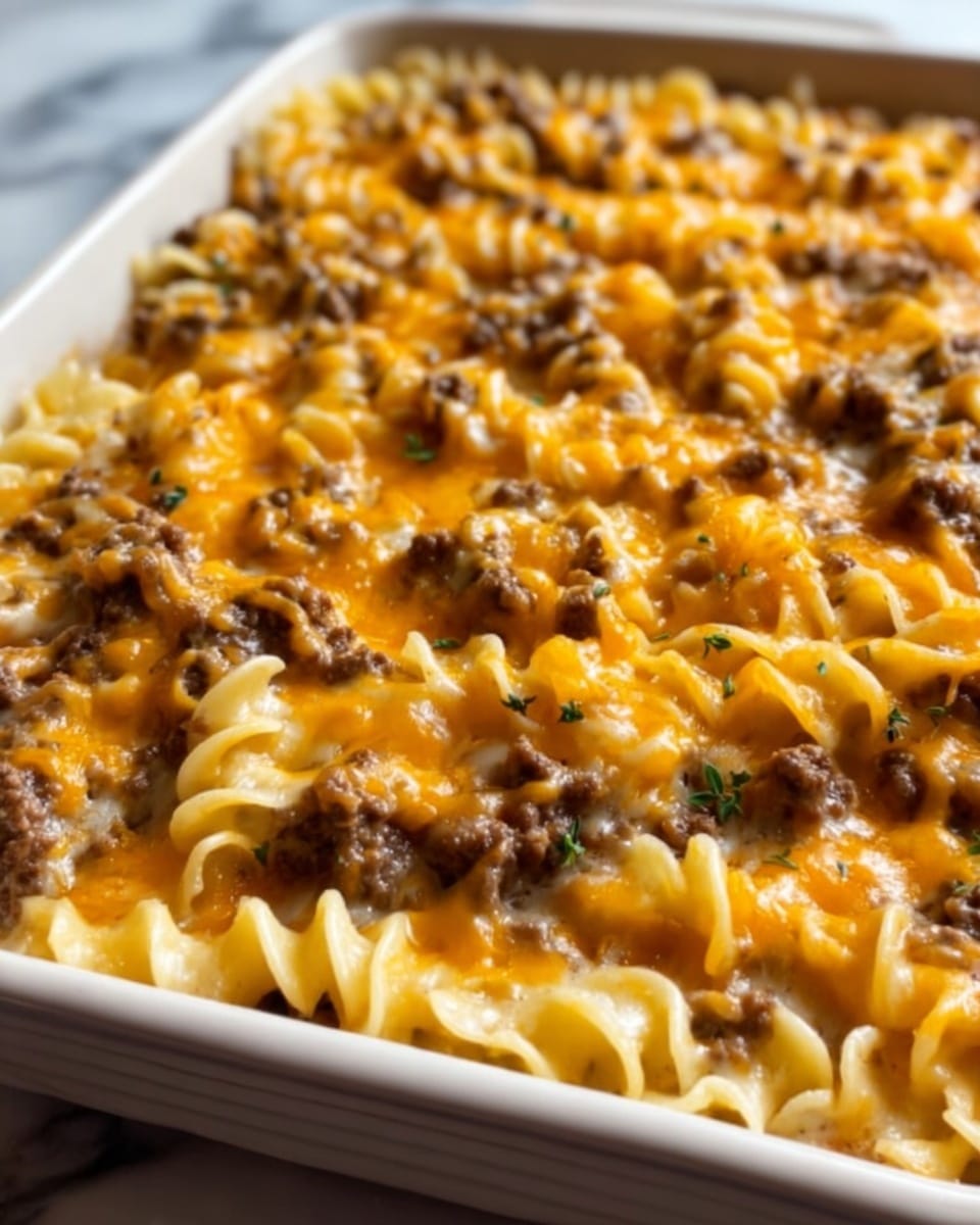 The image shows a close-up of a baked pasta casserole in a rectangular white dish. It has three visible layers: the bottom layer consists of wavy pasta noodles with a creamy texture and a light yellow color, the middle layer is made up of browned ground beef scattered evenly across the noodles, and the top layer is covered with melted orange cheddar cheese that looks gooey and slightly browned in spots. Small green herbs are sprinkled on top, adding a bit of color contrast. The dish is placed on a white marbled surface. photo taken with an iphone --ar 4:5 --v 7