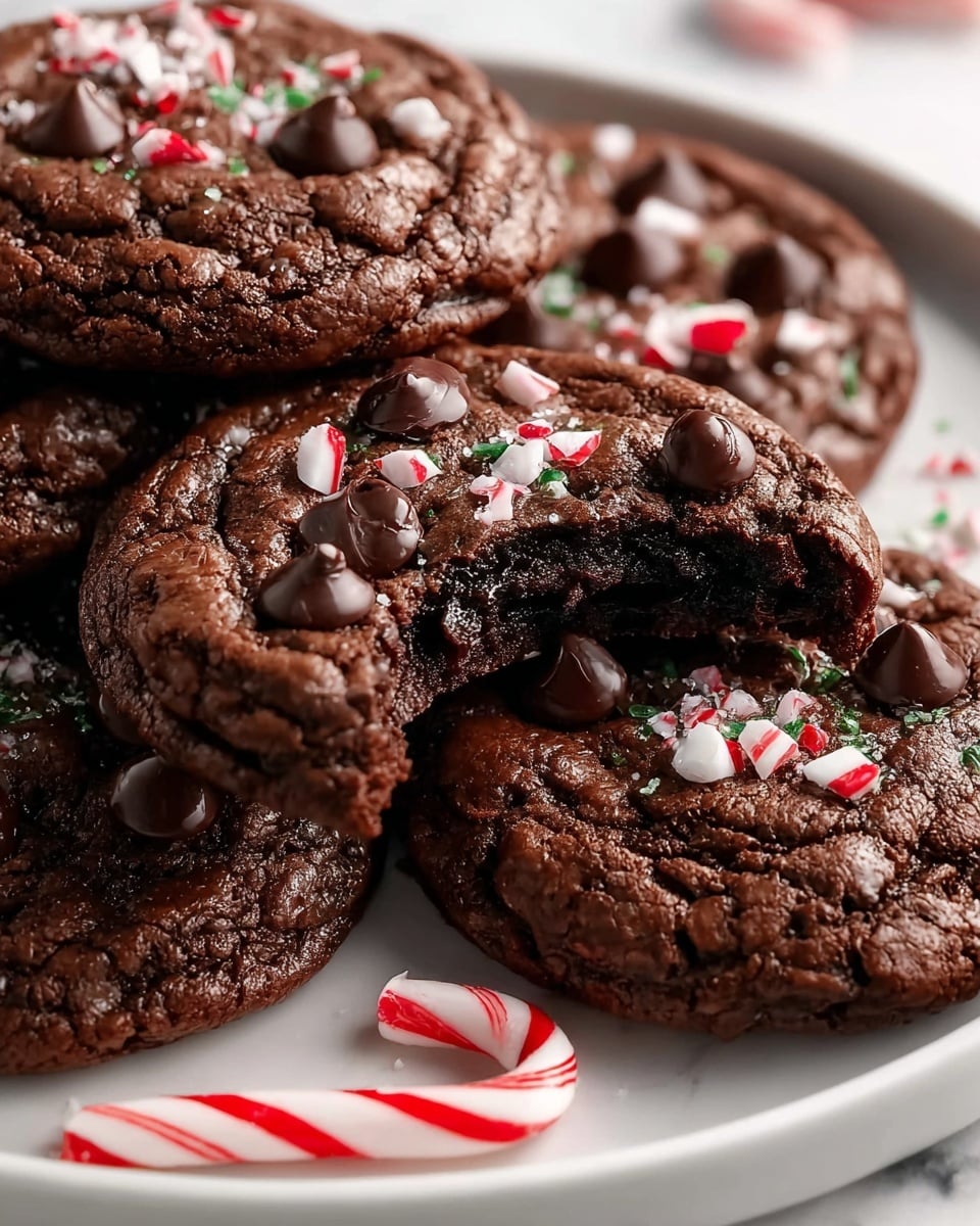 The image shows a close-up of five thick, rich chocolate cookies with a cracked, chewy texture, each topped with a few dark chocolate chips and crushed peppermint candy pieces that add a splash of red and white on the dark surface. One cookie in the front has a bite taken out, revealing a moist, fudgy inside. They lie on a white plate with a red-and-white striped peppermint candy cane at the bottom center. The background surface is a white marbled texture that gives a clean, bright look to the scene. photo taken with an iphone --ar 4:5 --v 7