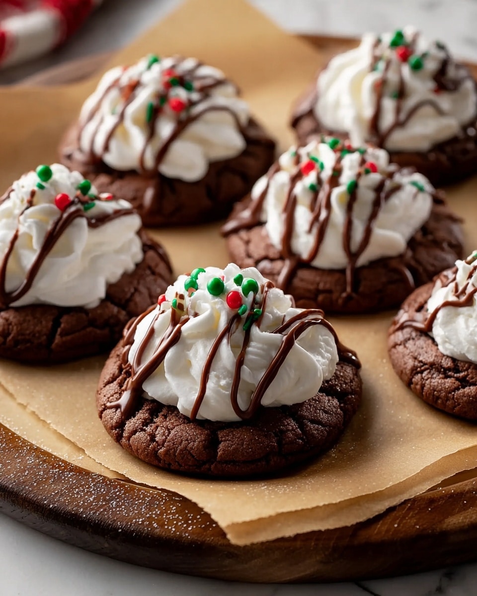 There are five round chocolate cookies placed on brown parchment paper, which rests on a wooden board over a white marbled texture. Each cookie has a thick dollop of white whipped cream on top, shaped like a soft swirl. Over the whipped cream, there are drizzles of smooth, shiny milk chocolate sauce creating three stripes lengthwise. Small red and green round sprinkles are scattered on the whipped cream, adding a festive touch. The cookies have a slightly cracked texture on the edges, showing a soft and chewy inside. photo taken with an iphone --ar 4:5 --v 7