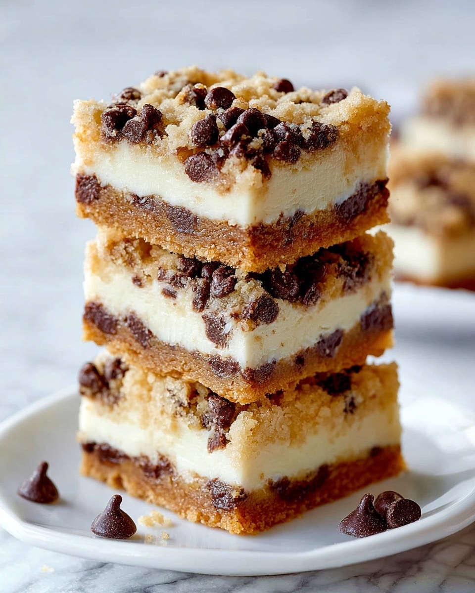 A stack of three square dessert bars sits on a white plate with a few chocolate chips scattered nearby, placed on a white marbled surface. Each bar has three clear layers: the bottom is a golden brown crumbly crust, the middle layer is thick and creamy white, and the top layer is a crumbly texture studded with many dark chocolate chips, giving it a rough, chunky look. The bars are neatly stacked with the top bar slightly tilted, showcasing the layers clearly and making the chocolate chips stand out. Photo taken with an iphone --ar 4:5 --v 7