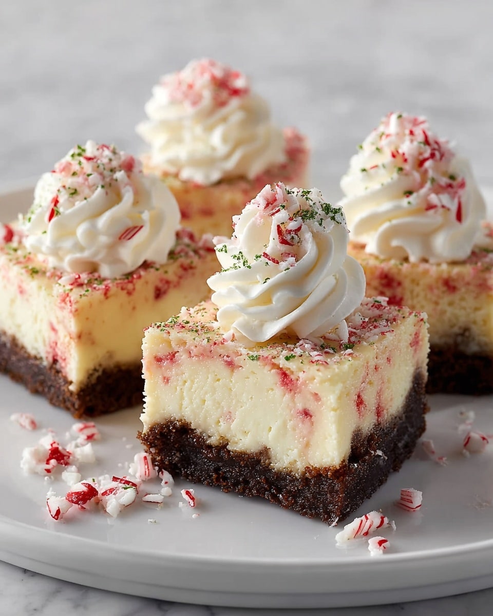 Four small square pieces of cheesecake sit on a white plate, each with two distinct layers: a thick, dark brown crumbly base and a thick, creamy white top layer speckled with small red bits. On top of each piece is a swirl of white whipped cream sprinkled with crushed red and white candy pieces and tiny green flakes. Additional crushed candy is scattered around the plate. The plate rests on a white marbled texture. photo taken with an iphone --ar 4:5 --v 7