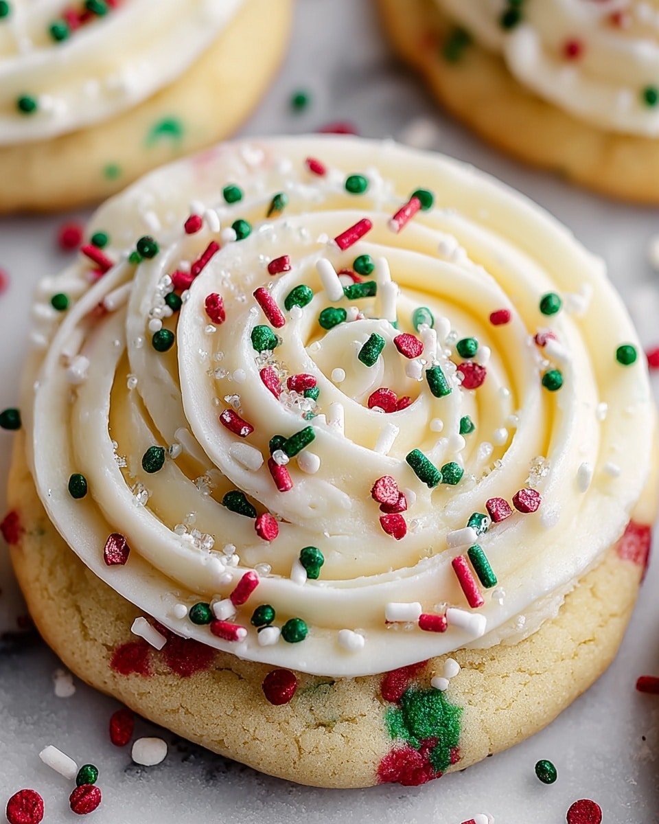 The image shows a close-up of a single soft cookie with a light tan color and embedded red and green sprinkles. On top of the cookie is a thick swirl of creamy white frosting, shaped like a rose with smooth, curved layers that gradually rise from the cookie's edge to the center. The frosting is decorated with small red, green, and white round and rod-shaped sprinkles scattered evenly over and around the swirl. The cookie rests on a white marbled surface with some extra sprinkles scattered nearby. photo taken with an iphone --ar 4:5 --v 7
