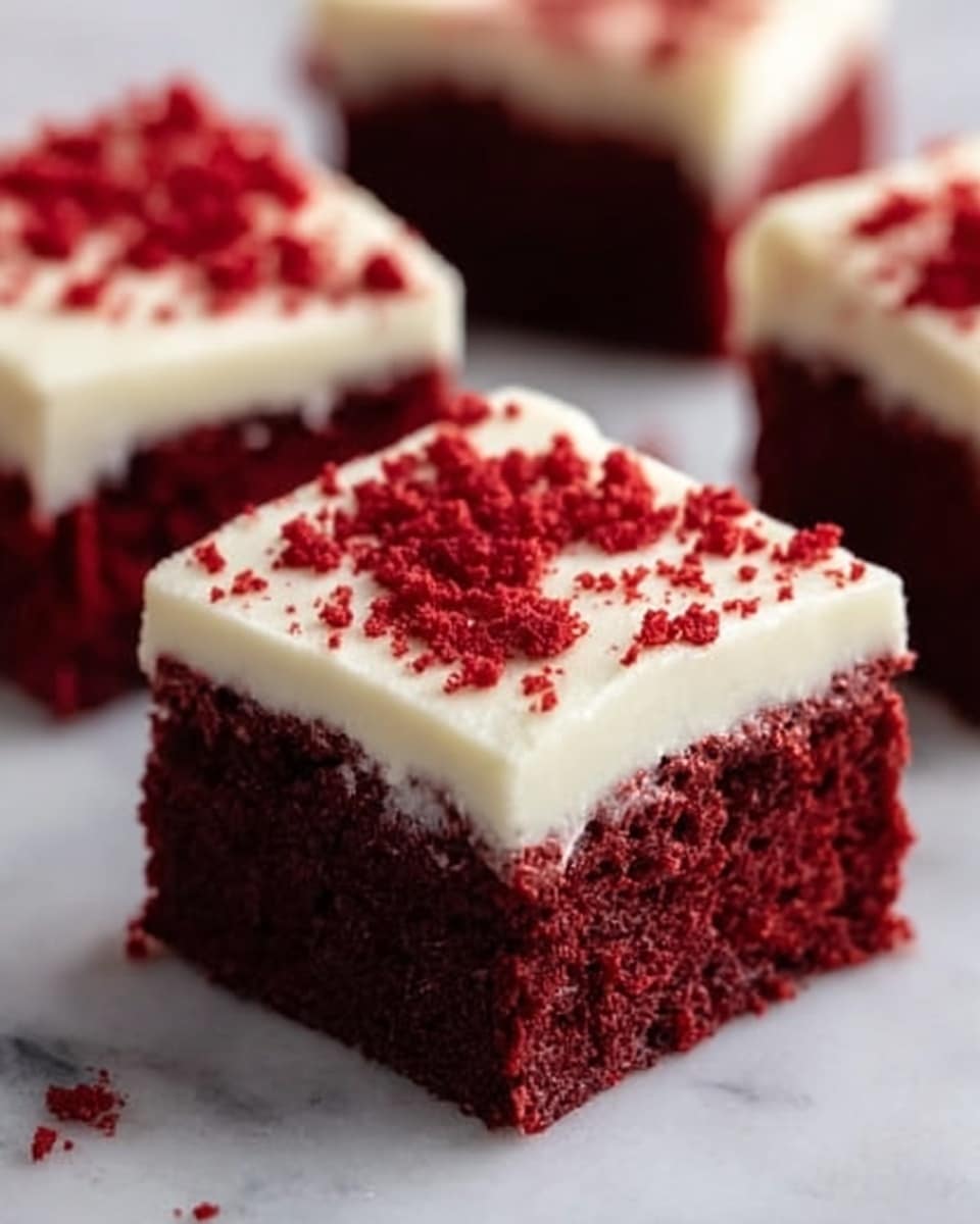 The image shows a close-up of square pieces of red velvet cake with two clear layers. The bottom layer is thick and dark red with a soft, moist texture. The top layer is creamy white frosting, smooth and evenly spread, about one-third the height of the cake. Red crumbs are sprinkled lightly on top of the frosting, adding a touch of color and texture. The background is a white marbled surface, softly blurred to keep attention on the cake pieces. Photo taken with an iphone --ar 4:5 --v 7
