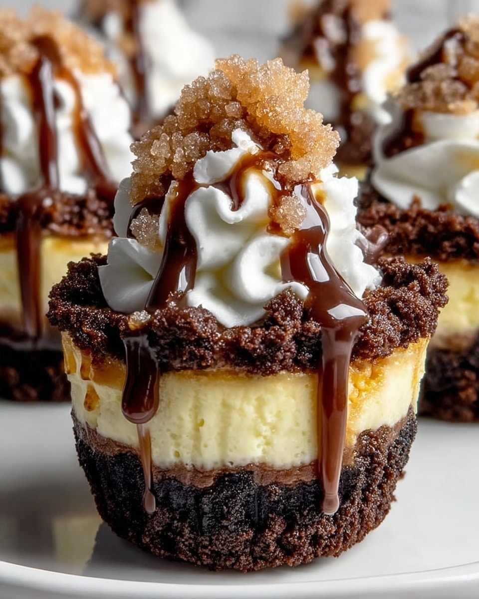 A close-up view of a mini cheesecake cupcake placed on a white plate with a white marbled texture background. The bottom layer is a dark, rich chocolate crumb crust textured with rough edges. Above this is a thick, creamy yellowish cheesecake layer with a smooth surface. On top, dollops of white whipped cream form a small peak. Light brown sugar granules are sprinkled generously on the whipped cream and around it. Dark chocolate sauce and caramel sauce drip down the sides of the whipped cream and cheesecake, creating a glossy, sticky look. Multiple similar cupcakes are visible slightly blurred in the background. photo taken with an iphone --ar 4:5 --v 7
