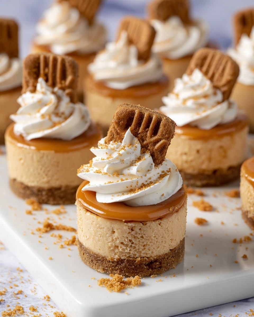 The image shows several small round cheesecakes on a white rectangular tray with a white marbled texture background. Each cheesecake has three layers: a crumbly brown biscuit base, a light tan creamy middle layer, and a smooth layer of caramel on top. On top of the caramel layer, there is a swirl of white whipped cream sprinkled with fine crumbs of the same biscuit. A whole square brown biscuit with ridged edges is placed upright in the whipped cream. There are crumb sprinkles scattered on the tray around the cheesecakes. The photo taken with an iphone --ar 4:5 --v 7