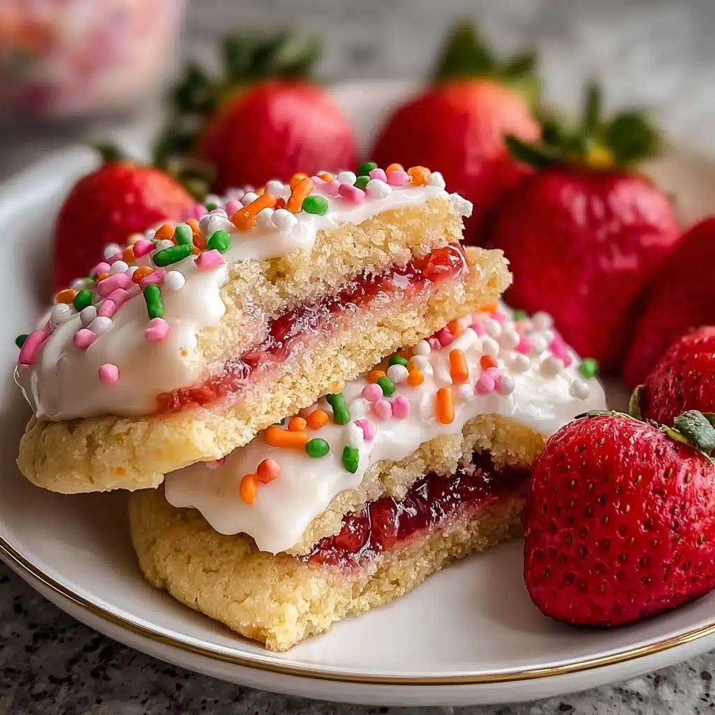 A close-up of a soft, thick cookie sliced in half, revealing three visible layers: a light golden-brown bottom cookie base with a slightly crumbly texture, a middle layer of vibrant pink strawberry jam with a glossy, sticky appearance, and a top layer of smooth white icing generously sprinkled with colorful round sprinkles in red, orange, green, and pink. The cookie halves are stacked slightly askew on a white plate with a gold rim, accompanied by four fresh, plump strawberries with rich red tones and leafy green tops positioned around the cookie. The scene is set against a kitchen counter background, emphasizing the luscious textures and bright colors of the dessert. photo taken with an iphone --v 7.0