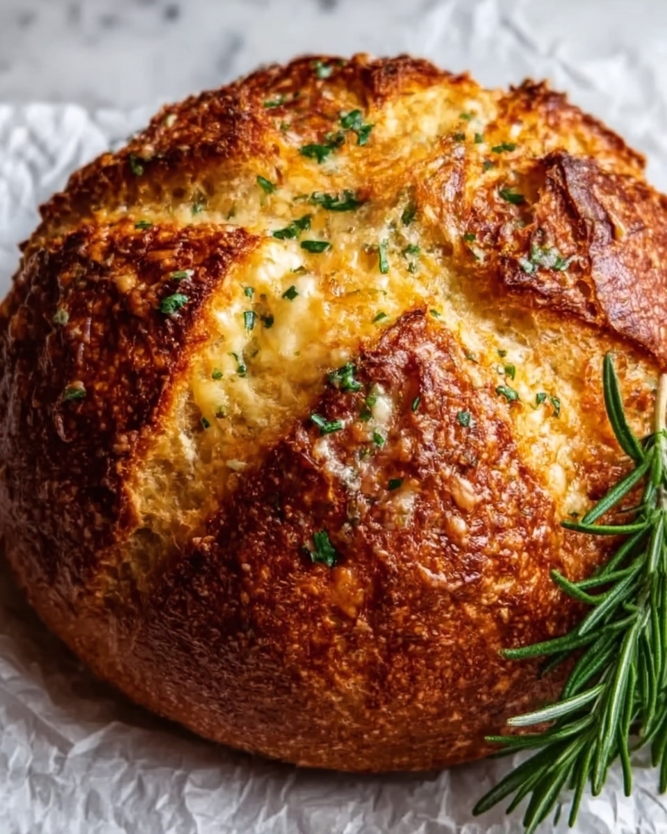 A round bread loaf with a thick, golden-brown crust, baked to a crispy texture with visible cracks on the surface revealing a soft, light interior. The top is sprinkled with small pieces of green herbs, likely chives, adding a fresh contrast to the warm tones of the bread. On the right side of the loaf, a small sprig of fresh rosemary rests, its deep green color adding a natural touch. The loaf sits on a piece of crumpled parchment paper on a white marbled surface. The overall look is rustic and inviting, showing the bread’s crunchy outer layer with hints of melted cheese peeking through in the cracks. Photo taken with an iphone --ar 4:5 --v 7