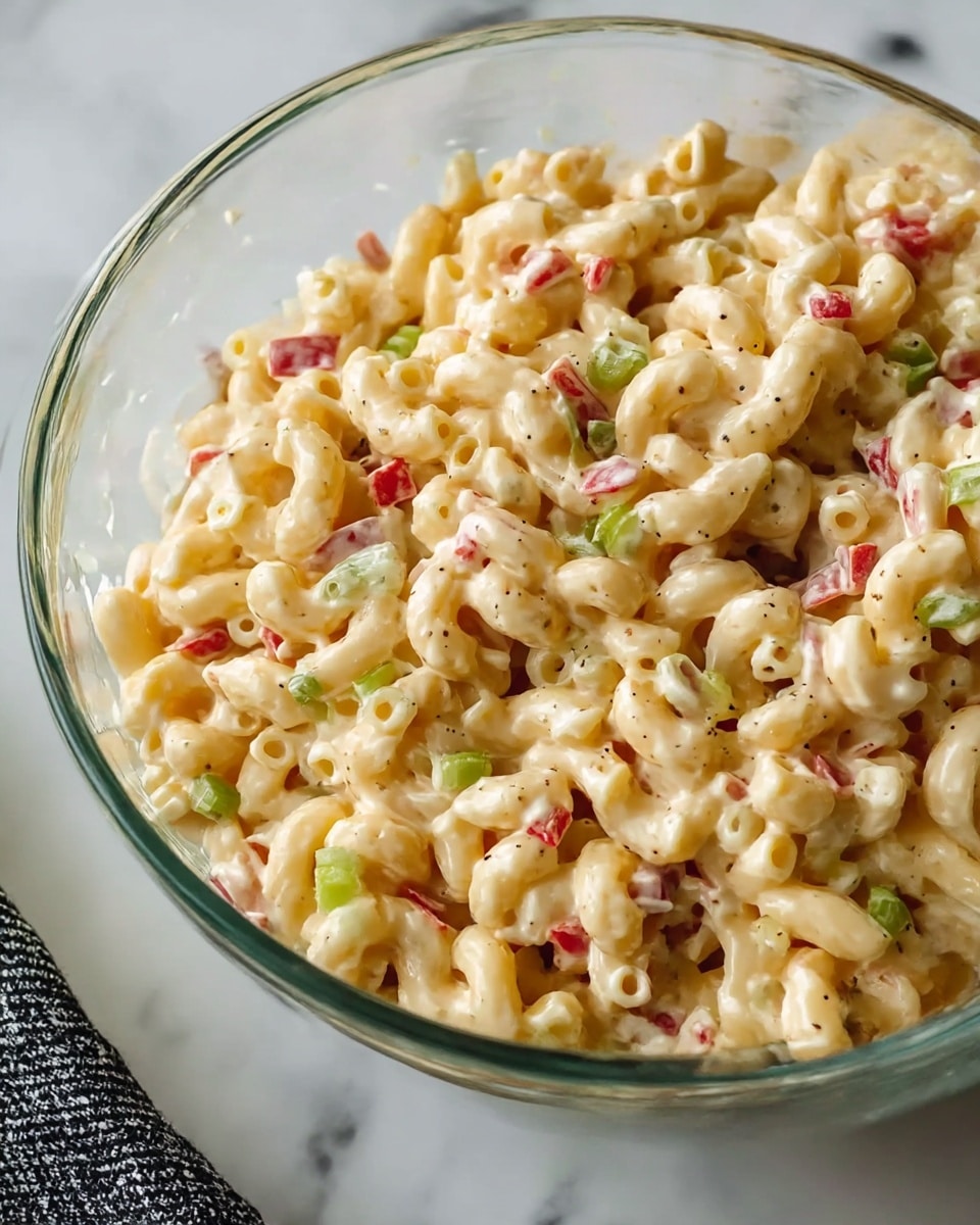 A clear glass bowl is filled with macaroni salad, showing about two layers of elbow-shaped pasta coated in a creamy, pale yellow dressing. Scattered throughout are small pieces of red and green vegetables that add specks of color, with red pieces looking like diced bell pepper and green pieces resembling chopped celery or green onion. The macaroni is smooth and lightly glossy from the dressing, which has tiny specks of black pepper or seasoning visible. The bowl sits on a white marbled surface with a black and white cloth partially underneath. photo taken with an iphone --ar 4:5 --v 7