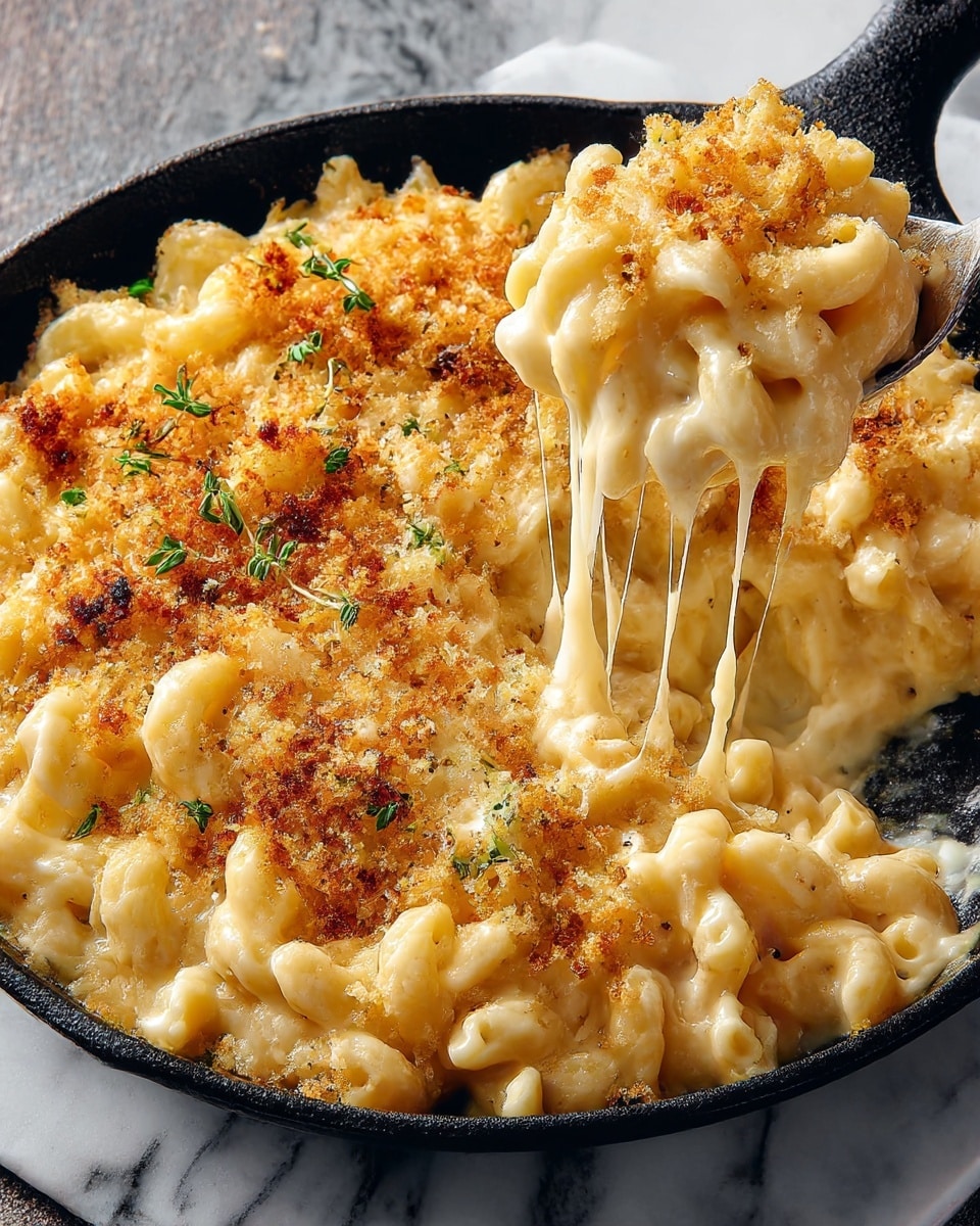 A close-up view of macaroni and cheese served in a black skillet on a white marbled surface, showing a thick layer of curly macaroni pasta coated in creamy melted cheese, topped with a golden-brown baked layer of crunchy breadcrumbs and cheese, with melted cheese strands stretching as a spoon lifts a portion from the bottom right corner. Photo taken with an iphone --ar 4:5 --v 7