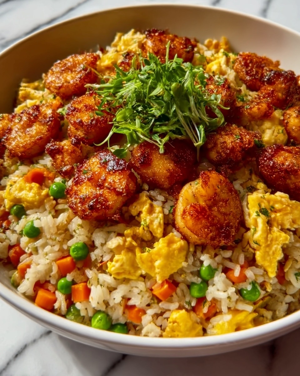 A close-up of a bowl filled with fried rice that has several layers and textures: the bottom layer is white rice mixed with small pieces of diced orange carrots and green peas, giving a subtle color contrast. On top, there are golden-brown crispy shrimp scattered throughout, some slightly charred for a crunchy look. Bright yellow scrambled egg pieces are mixed evenly with the rice, adding a soft texture. The dish is garnished in the center with a small bunch of fresh green herbs. The bowl is white and sits on a surface with a white marbled texture. Photo taken with an iphone --ar 4:5 --v 7