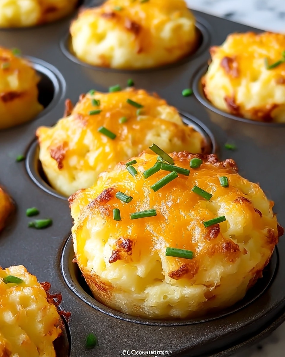 The image shows a close-up of golden-brown cheesy mashed potato puffs baked in a black muffin tray with a textured surface. Each puff has one visible layer, a soft and fluffy yellow mashed potato base topped with melted, slightly browned orange cheese and scattered bright green chopped chives. The cheese has a bubbly texture with browned spots, and the mashed potatoes look creamy with some crisp edges. The background is softly blurred. Photo taken with an iphone --ar 4:5 --v 7