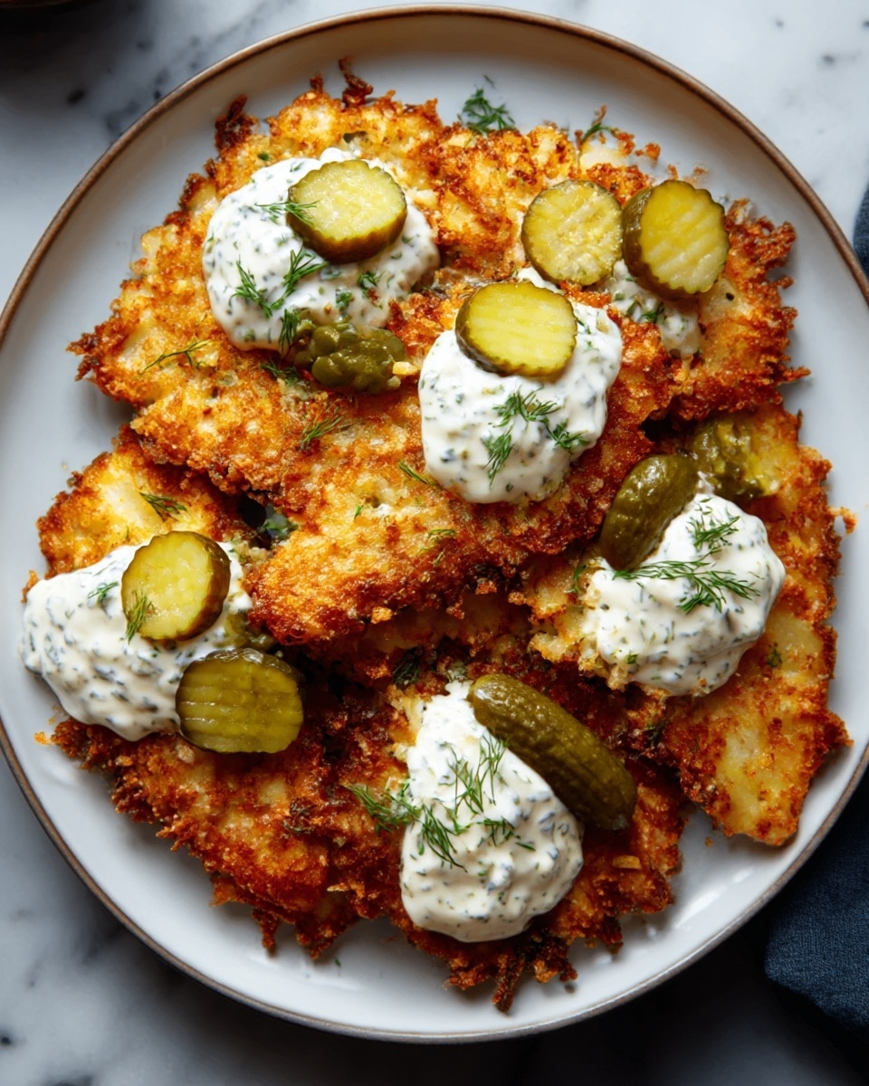 A dark blue round plate sits on a white marbled texture, filled with several pieces of golden, crispy fried chicken. Each chicken piece is topped with a thick, creamy white sauce speckled with green herbs. Rounded slices of bright green pickles are scattered on top and between the chicken pieces, adding a fresh contrast. The chicken looks crunchy and textured, with uneven edges showing the fried coating. A small white bowl with a similar creamy sauce and herbs is partially visible in the top left corner. photo taken with an iphone --ar 4:5 --v 7