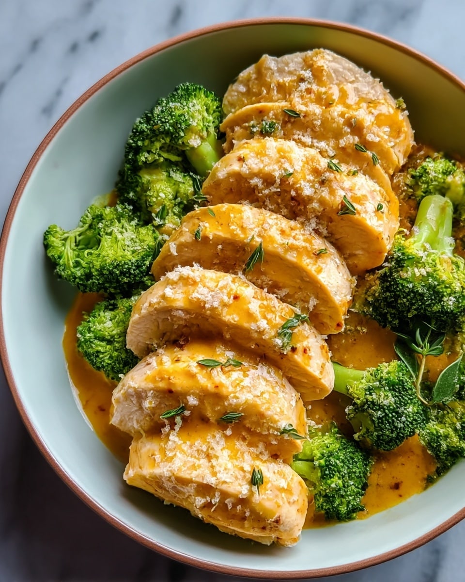 The image shows a close-up of sliced cooked chicken breast arranged in a curved line inside a white bowl, each slice with a juicy, tender texture and light golden edges. The chicken is covered evenly with a rich, smooth orange sauce that looks creamy and slightly glossy, pooling at the base of the bowl. To the side, a fresh green herb garnish adds color contrast against the warm tones of the sauce and chicken. The bowl sits on a white marbled surface, enhancing the colors of the dish. Photo taken with an iphone --ar 4:5 --v 7