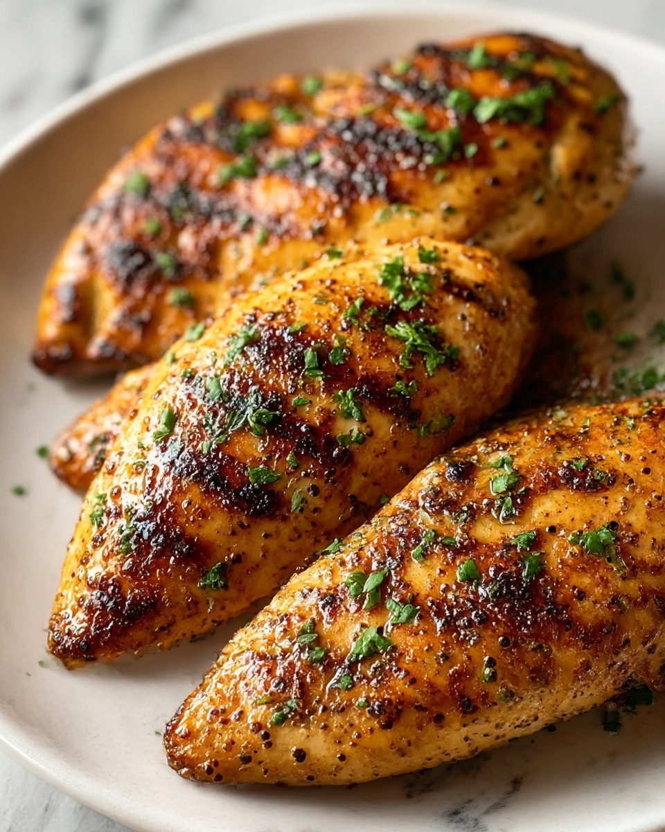 The image shows three grilled chicken breasts placed closely together on a white plate. Each chicken breast has a golden-brown color with dark, slightly charred grill marks and a glossy, seasoned surface. The texture appears juicy with small specks of black pepper and other spices visible across the meat. Bright green chopped herbs are sprinkled unevenly on top, adding a fresh contrast to the warm, rich colors of the chicken. The plate sits on a white marbled texture, and the lighting highlights the shiny and textured surface of the chicken breasts. photo taken with an iphone --ar 4:5 --v 7