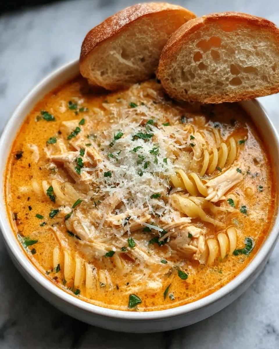 A white bowl filled with creamy orange soup containing pieces of shredded chicken and spiral pasta, sprinkled with grated cheese and chopped green herbs on top. Two slices of crusty bread rest on the edge of the bowl. The bowl is placed on a white marbled surface. photo taken with an iphone --ar 4:5 --v 7
