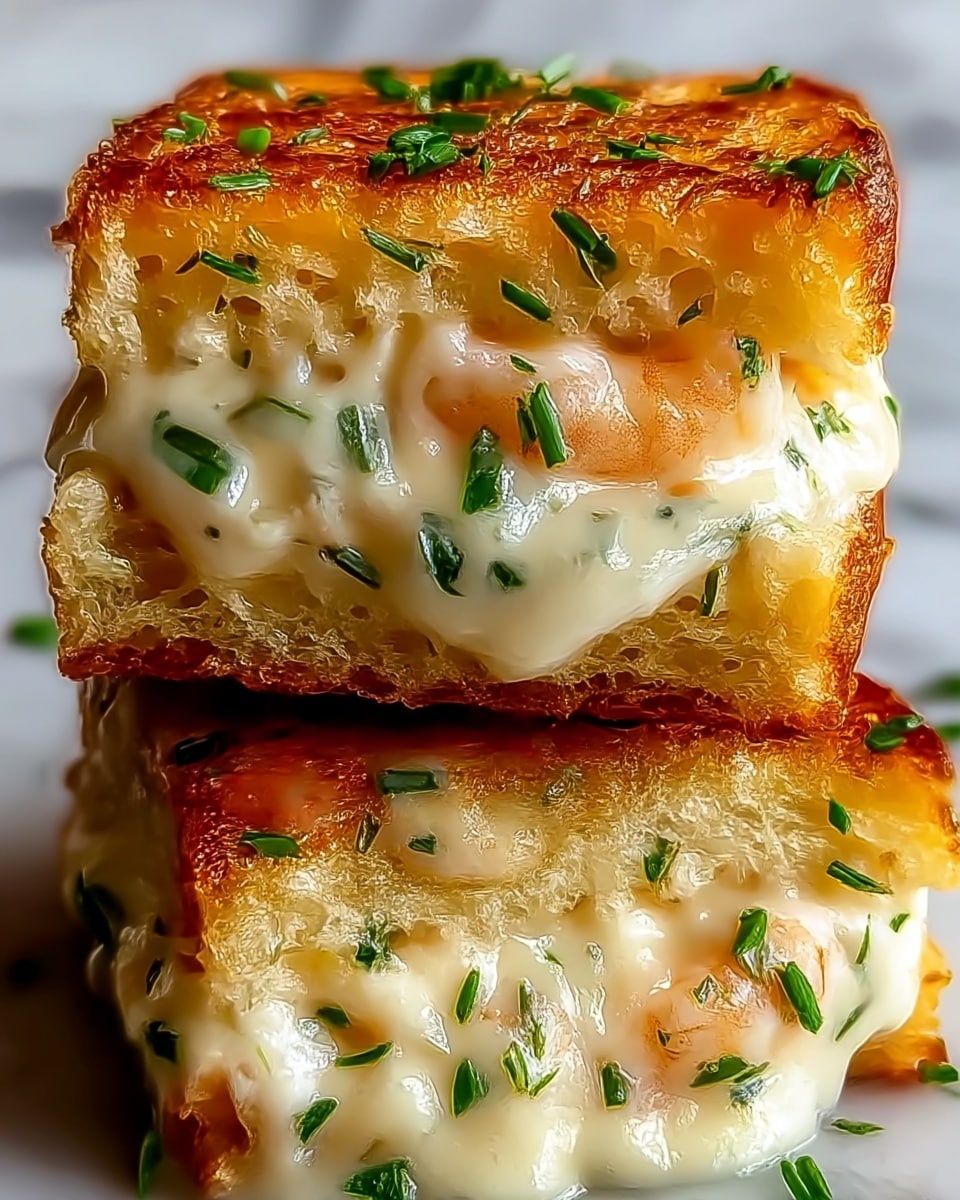 The image shows a close-up of two square, golden-brown, crispy grilled cheese sandwiches stacked on top of each other. Each sandwich has three visible layers: a crunchy, browned bread layer on the top and bottom, with melted, stretchy white cheese filled with small pieces of green herbs in the middle. The cheese is slightly oozing out, creating a creamy texture that contrasts with the crusty bread. The sandwiches are garnished with finely chopped green herbs sprinkled on top and inside. The background is a white marbled texture. photo taken with an iphone --ar 4:5 --v 7