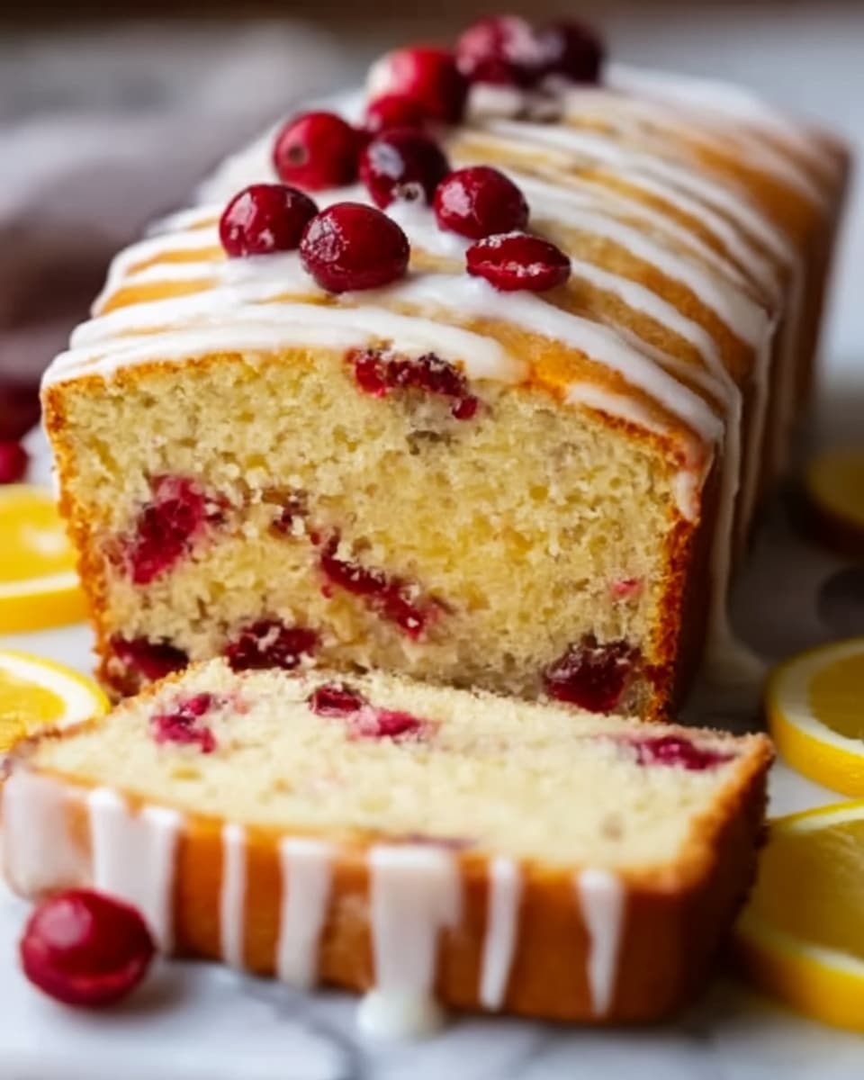 A close-up image shows a sliced light golden cake loaf with red cranberries inside the soft, fluffy texture. The top of the cake is drizzled with white icing in thin lines, and there are some whole cranberries sitting on the icing. The slices reveal the cake's moist interior with scattered cranberries. The cake rests on a white marbled surface with a few lemon slices nearby. Photo taken with an iphone --ar 4:5 --v 7