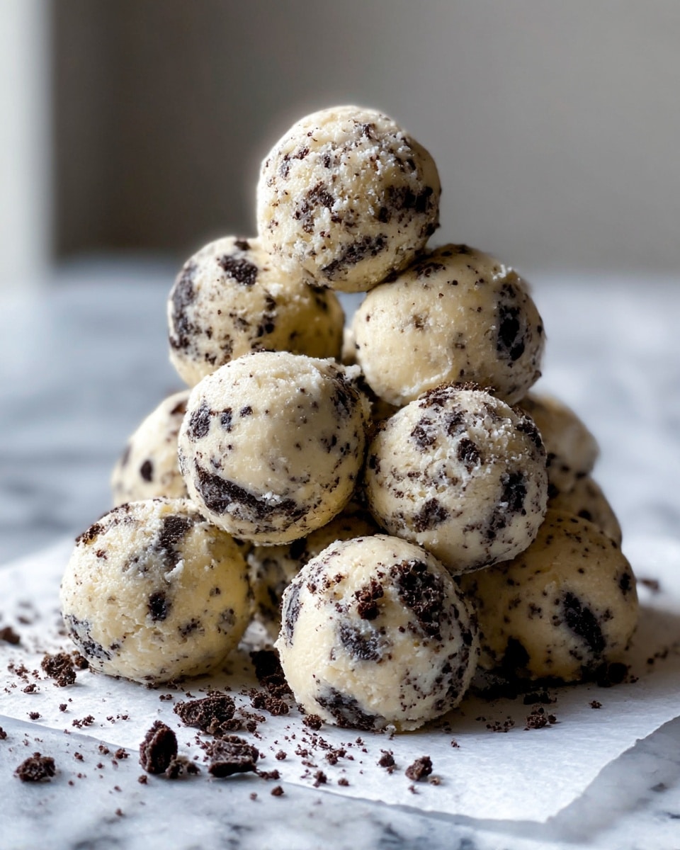 The image shows a pile of round cookie dough balls that are creamy white with dark chocolate or cookie crumbs mixed throughout. The balls have a soft, slightly textured surface with visible spots of dark cookie pieces. They are stacked in a small pyramid shape on a sheet of white paper, with some cookie crumbs scattered around the base on a white marbled surface. The background is blurred, focusing attention on the cookie dough balls. photo taken with an iphone --ar 4:5 --v 7
