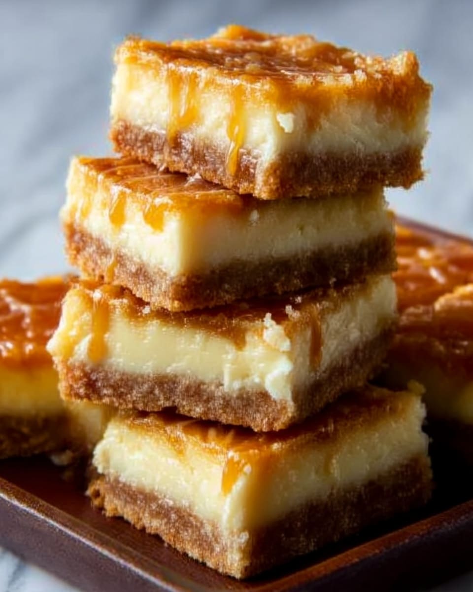 The image shows a stack of square dessert bars on a dark tray over a white marbled surface. Each bar has three clear layers: a bottom layer of light brown crumbly crust, a thick middle layer of creamy pale yellow filling, and a thin top layer with caramel drizzle that is glossy and golden-brown. The bars are slightly uneven, giving a homemade feel, and the caramel drizzle adds shine and texture on top. photo taken with an iphone --ar 4:5 --v 7