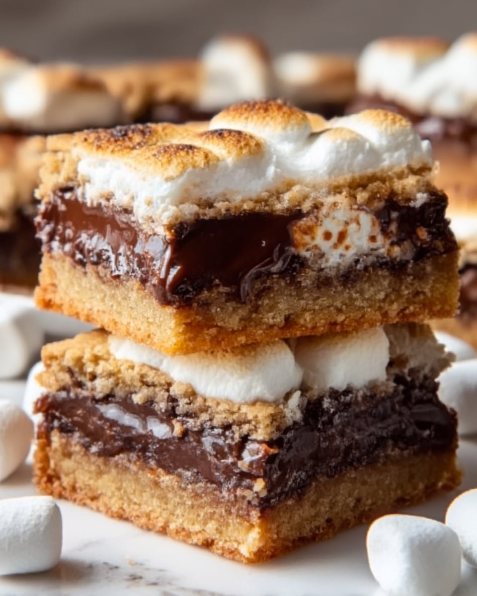 The image shows a close-up of two square dessert bars stacked on top of each other, each with three visible layers. The bottom layer is golden brown and crumbly, resembling a baked cookie crust. The middle layer is thick, glossy, and dark brown, looking like rich melted chocolate. The top layer is fluffy and white, made of soft marshmallows that appear slightly melted and gooey. The bars are set against a white marbled surface, with some mini marshmallows scattered in the background. The lighting highlights the gooey texture and golden crust, creating a warm, inviting look. photo taken with an iphone --ar 4:5 --v 7
