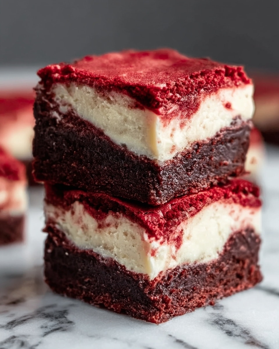 The image shows two stacked brownies with three visible layers: the bottom layer is a dark red, soft and rich cake; the middle layer is creamy white with a smooth texture; and the top layer is a thin, bright red crust with a slightly crumbly look. The brownies have sharp edges and sit on a white marbled surface with a blurred background. The lighting highlights the moist texture and colors of the brownies. Photo taken with an iphone --ar 4:5 --v 7