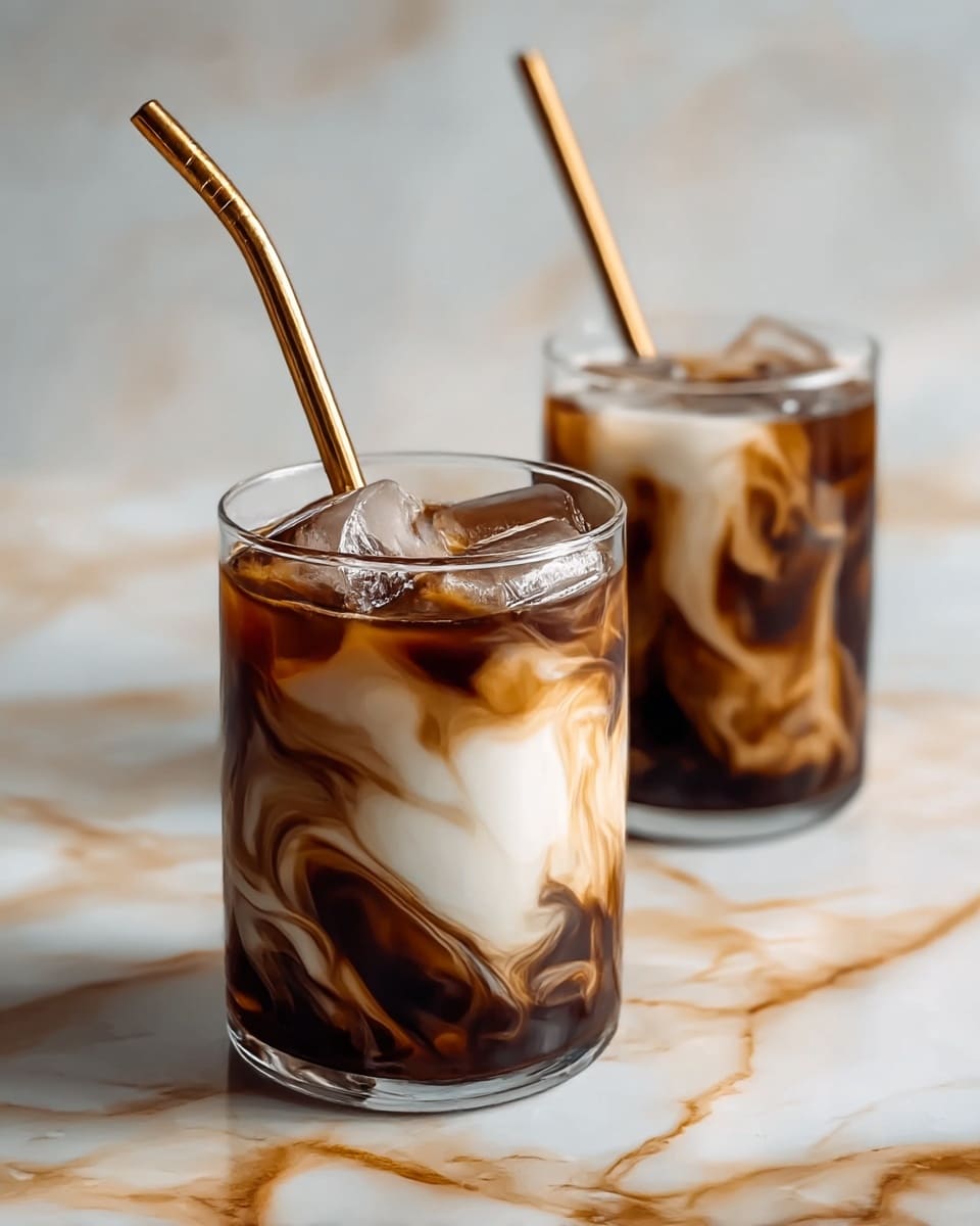 Two clear glasses filled with a swirled mix of white cream and dark brown coffee, creating a marbled effect inside each glass. Ice cubes float near the top of each drink, and a golden metal straw stands upright in both glasses. The drinks sit on a white marbled surface with beige and brown veins. The focus is sharp on the front glass, while the second glass is slightly blurred behind it. photo taken with an iphone --ar 4:5 --v 7