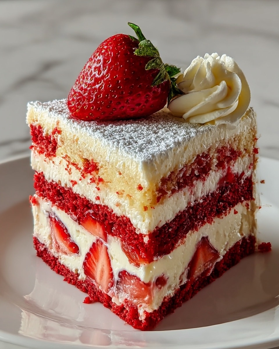 A slice of layered cake with five visible layers on a white plate, set on a white marbled surface. The bottom layer is red and crumbly, followed by a thick white creamy layer with pieces of fresh red strawberries inside. Above that is a red layer, then a thin light yellow sponge layer, topped with another thick white creamy layer. The cake is covered with a dusting of powdered sugar and decorated on top with a fresh whole strawberry with green leaves and a small swirl of white cream on the side. photo taken with an iphone --ar 4:5 --v 7