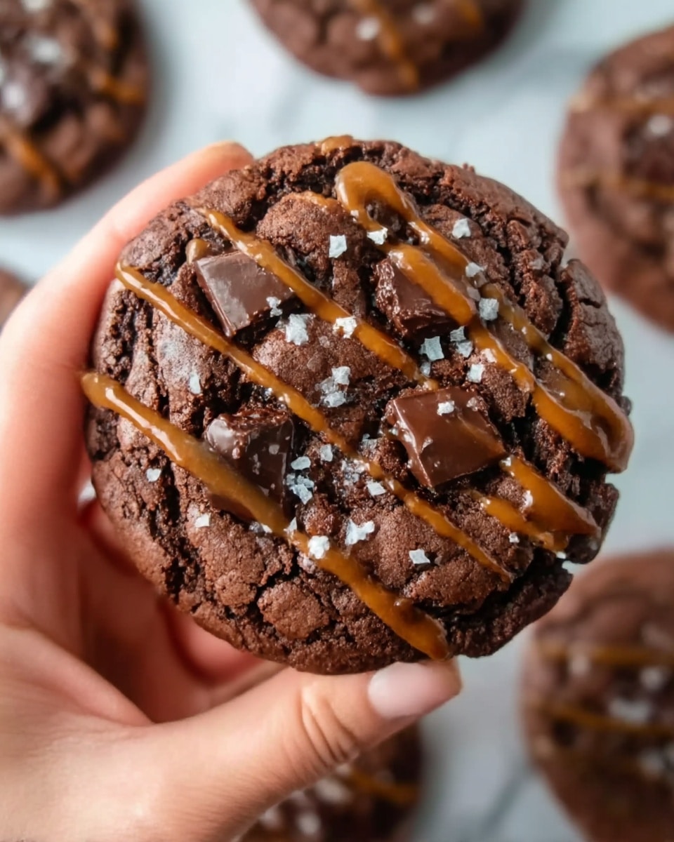 A large, thick chocolate cookie held by a woman's hand shows a rich, dark brown texture with melted chocolate chunks on top. The cookie is drizzled with caramel sauce in thin, wavy lines and sprinkled with coarse salt crystals. In the background, other similar cookies rest on a white marbled surface, slightly out of focus, highlighting the main cookie's glossy, gooey texture. Photo taken with an iphone --ar 4:5 --v 7
