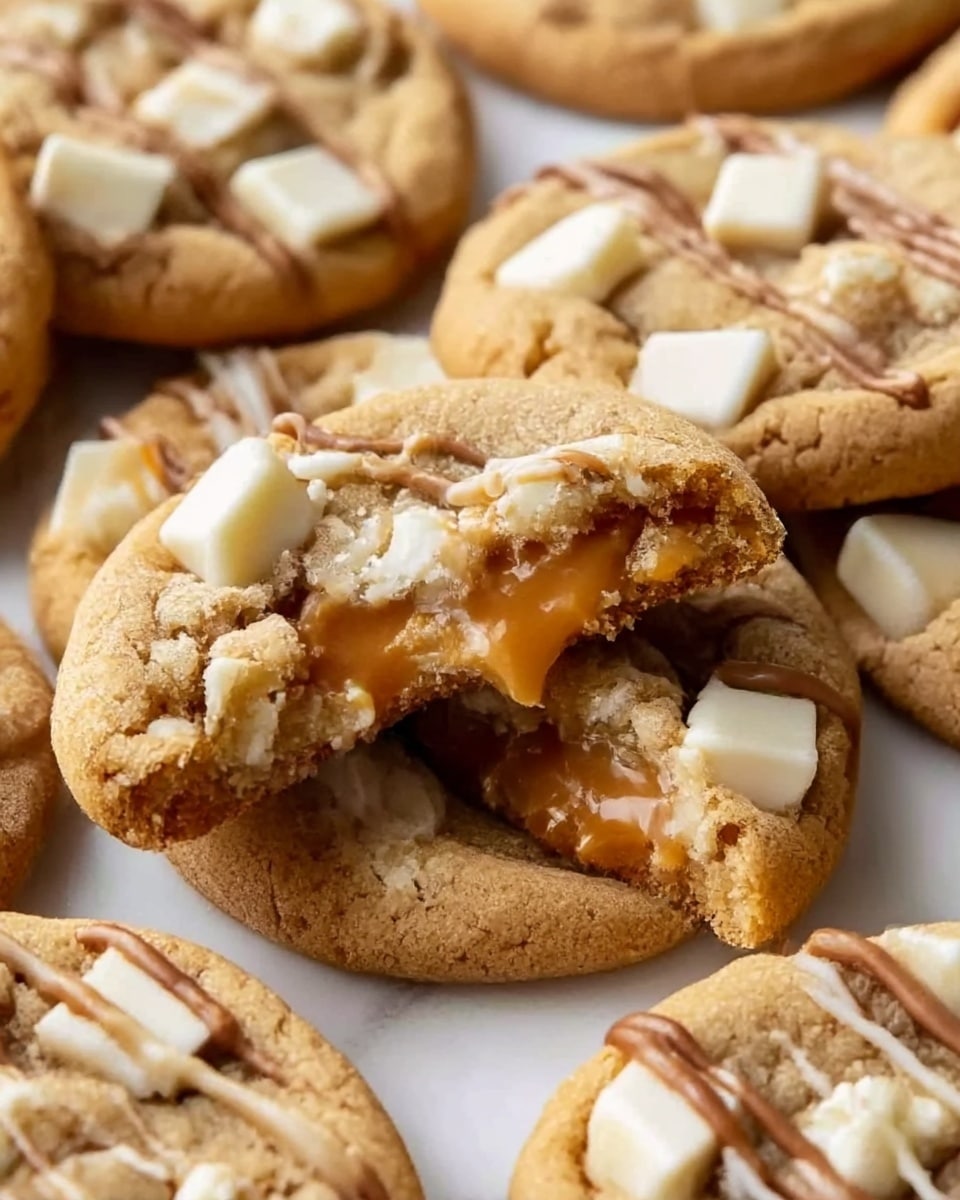 The image shows soft cookies stacked closely together on a white marbled surface, each cookie topped with white chocolate chunks on the edges. The cookies have a light brown color with a slightly crumbly texture. One cookie in the center is broken in half, revealing a rich, gooey caramel filling inside. Thin chocolate drizzle is spread over the cookies, adding contrast and detail. The photo is taken very close up, showing the texture of the cookie surface and the softness of the filling clearly. photo taken with an iphone --ar 4:5 --v 7