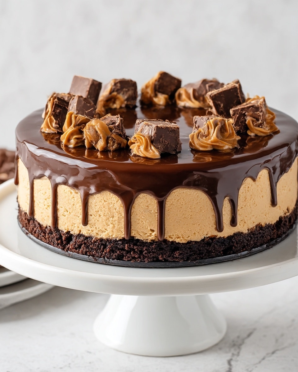 A three-layer cake sits on a white cake stand with a white marbled texture in the background. The bottom layer is dark brown, crumbly, and thick, resembling a chocolate cookie crust. The middle layer is thick, smooth, and light caramel-colored, forming a creamy mousse texture. The top layer is a shiny, rich chocolate ganache that slightly drips down the sides. On top of the ganache, there are chunks of dark chocolate and swirls of caramel or peanut butter spread evenly across the surface. The whole cake looks dense, rich, and decadent. Photo taken with an iphone --ar 4:5 --v 7
