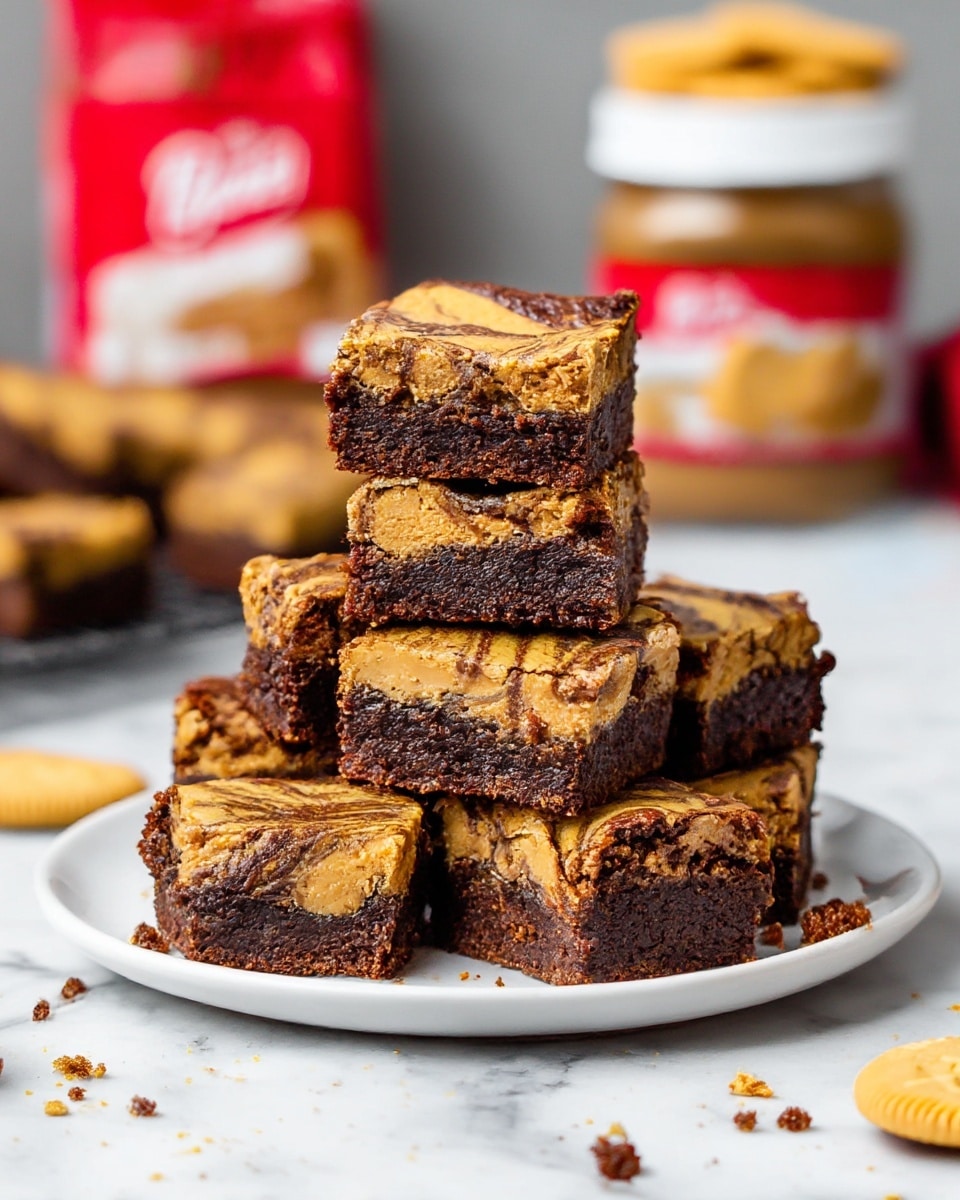 A stack of nine square brownie bars sits on a white plate placed on a white marbled surface. Each brownie has two main layers: a thick, dark brown chocolate base that looks moist and dense, and a marbled golden-brown peanut butter swirl on top, showing textured, mixed patterns. The edges of the brownies are slightly crisp, and crumbs are scattered around the plate. In the blurred background, a jar with a red label and a few biscuits on the surface add to the scene. Photo taken with an iphone --ar 4:5 --v 7