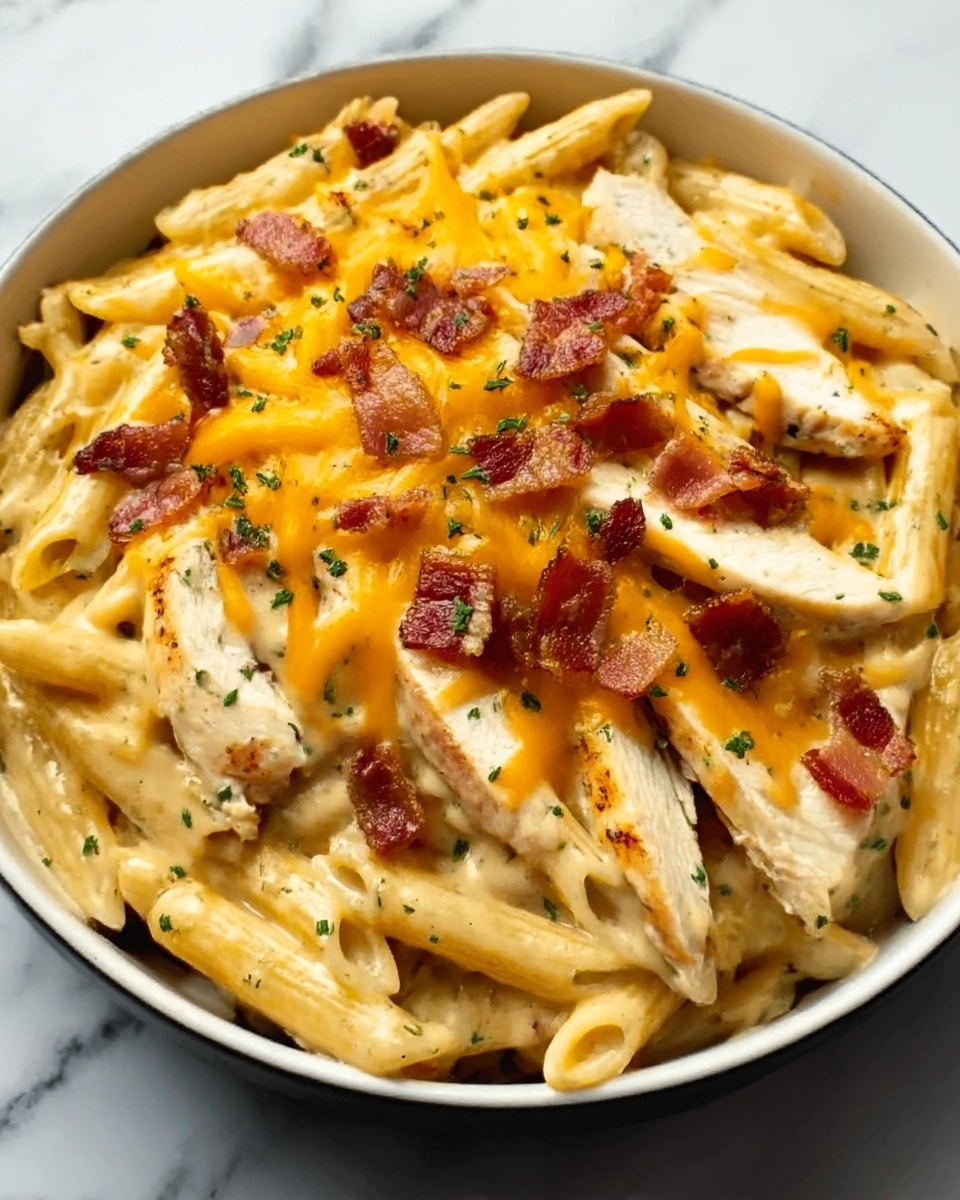 A white bowl filled with creamy pasta layered with penne pasta in a yellow cheesy sauce as the base, topped with slices of cooked chicken breast that are white with a slight golden sear, and scattered pieces of crispy brown bacon on top. The dish is finished with a thick layer of melted orange-yellow cheddar cheese sprinkled with small green herbs. The background is a white marbled texture. Photo taken with an iphone --ar 4:5 --v 7