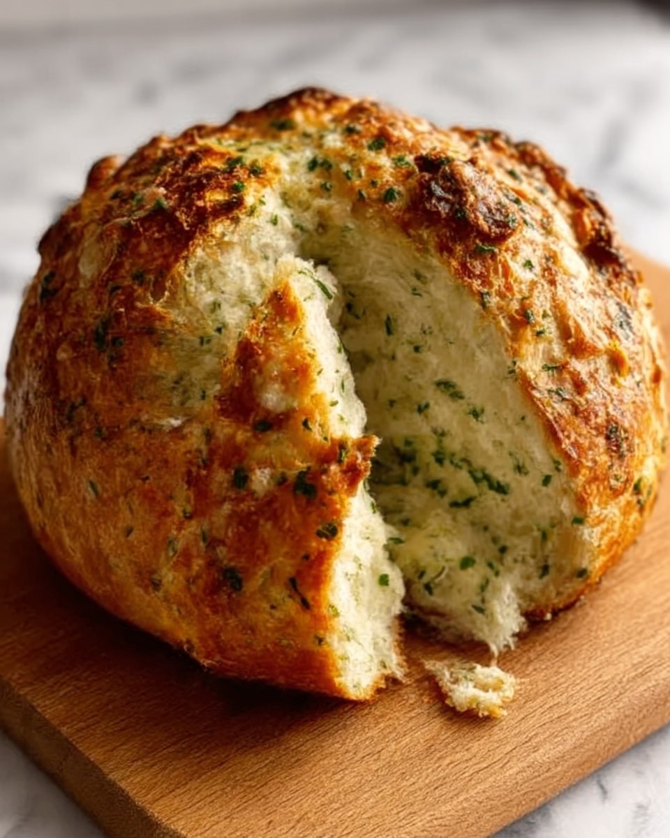 A round, golden brown bread loaf with a rough, crispy crust sits on a wooden board. The top is speckled with small bits of herbs and cheese, giving it a textured look. The bread is torn open in the middle, showing a soft, fluffy inside with green herbs spread throughout the white dough, making it look fresh and flavorful. The background is a white marbled surface. photo taken with an iphone --ar 4:5 --v 7
