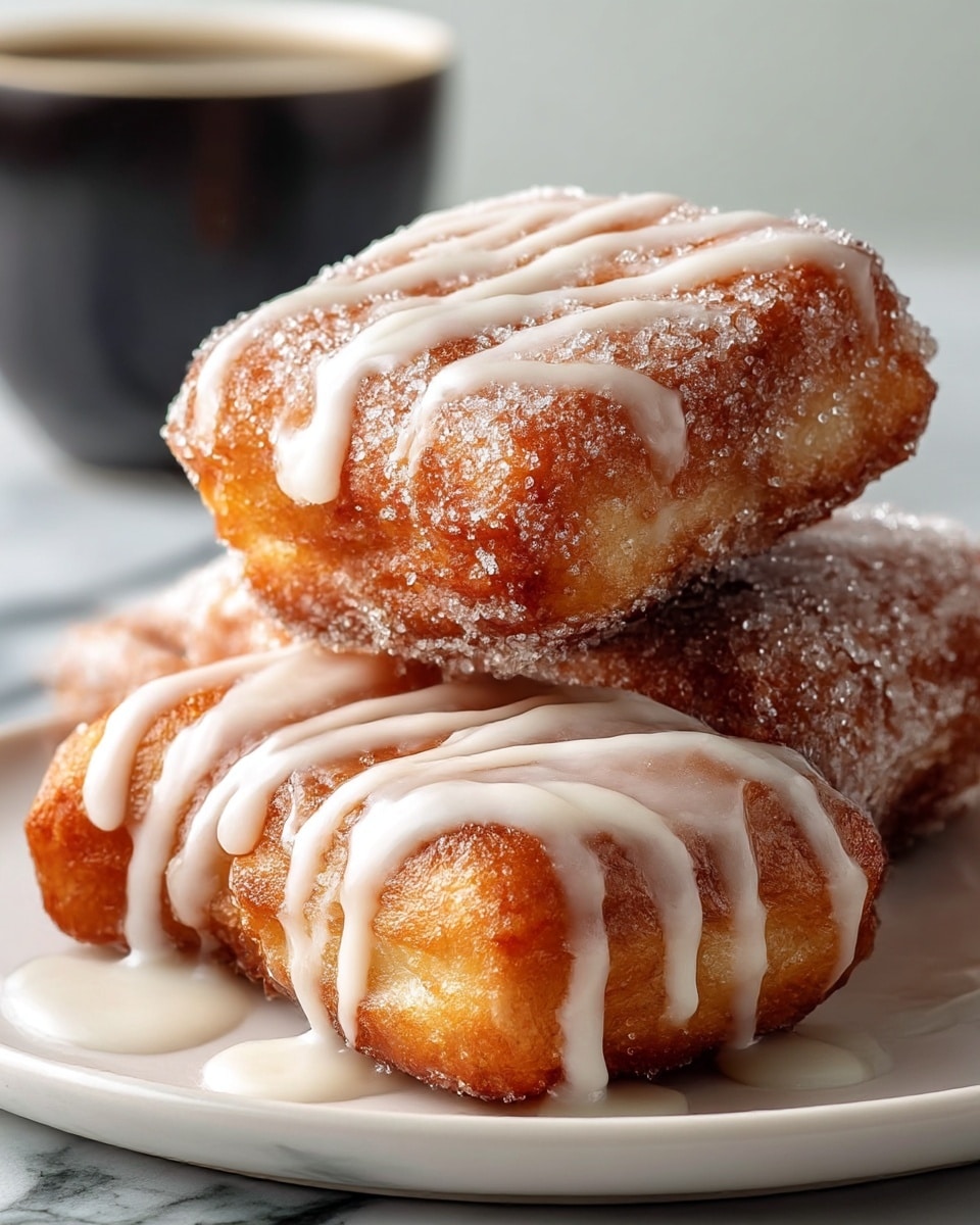 Three square-shaped fritters rest stacked on a white plate with a soft texture inside and a golden-brown fried crust. Two fritters on top are drizzled with a shiny white icing running in thin wavy lines, while the fritter in the back is coated with a sparkling layer of sugar crystals. The background shows a blurred black coffee cup on a white marbled surface. photo taken with an iphone --ar 4:5 --v 7