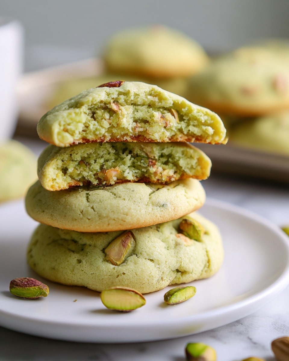 The image shows a stack of three light green pistachio cookies on a white plate set on a white marbled surface. The top cookie is broken in half, revealing a soft, crumbly inside filled with light green dough and pieces of pistachio nuts, which are pale brown and green with a slightly rough texture. The top halves of the cookies have visible chunks of pistachios embedded in them, and a few small pistachio pieces are scattered around the plate. In the softly blurred background, more cookies are placed on a tray. The photo has a close-up focus on the stack, highlighting the texture and color contrast between the dough and nuts. photo taken with an iphone --ar 4:5 --v 7