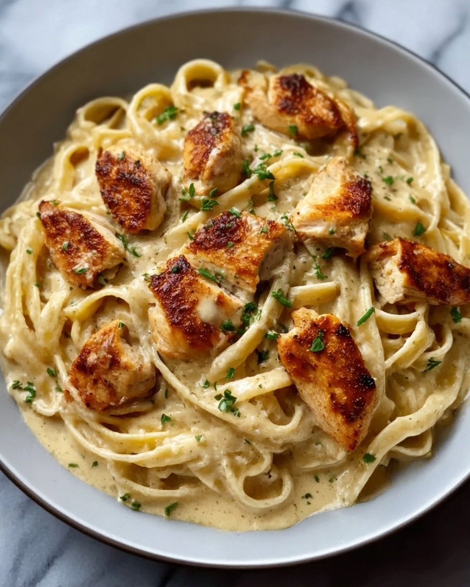 A close-up of a round white plate filled with fettuccine pasta coated in creamy light beige sauce, topped with several pieces of golden brown grilled chicken with a slightly crisp texture. The chicken pieces are scattered evenly over the pasta and garnished with small green herbs. The plate is placed on a white marbled surface. Photo taken with an iphone --ar 4:5 --v 7