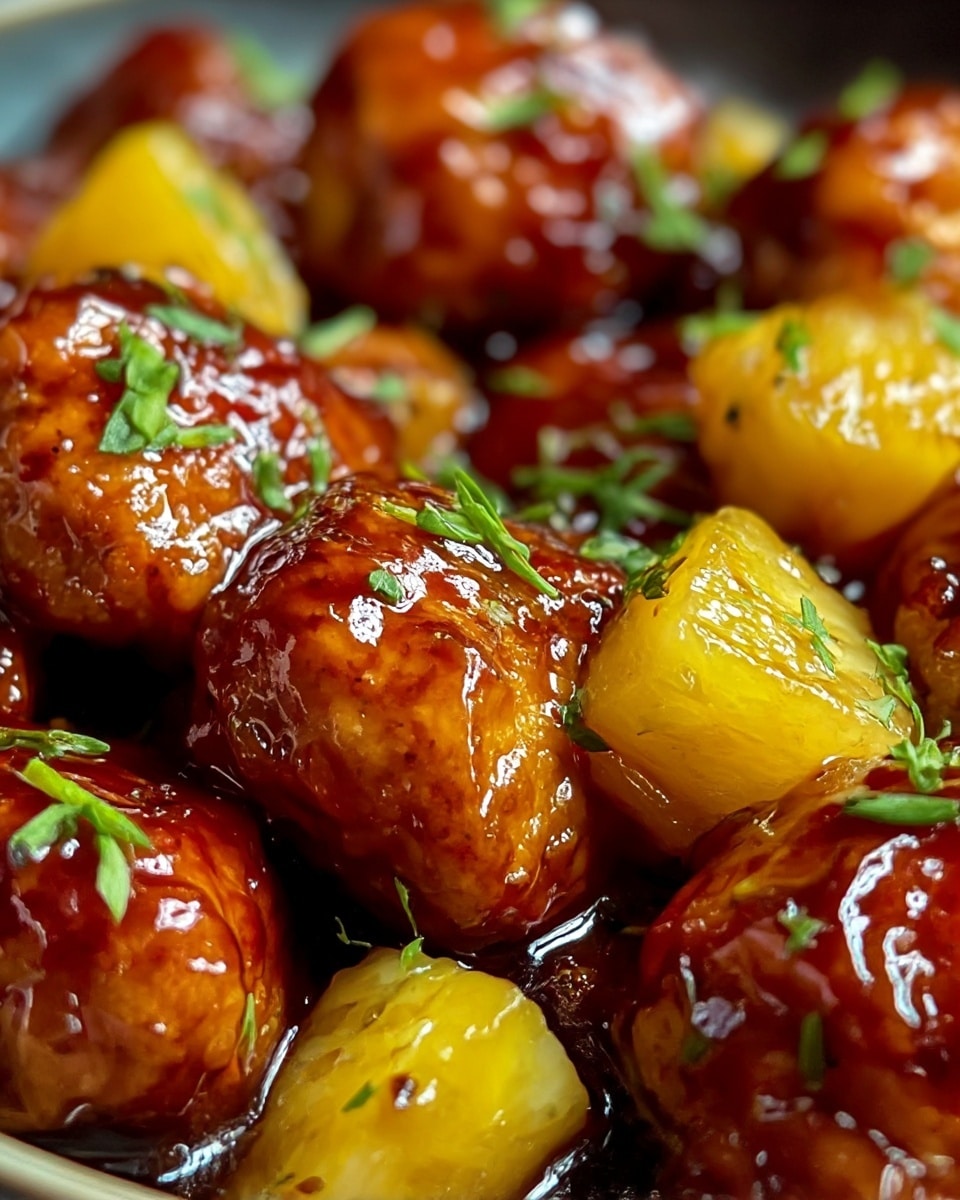 The image shows close-up pieces of golden-brown glazed chicken coated in a shiny, sticky dark red sauce with bits of cooked onions. Around the chicken pieces are bright yellow, juicy pineapple chunks adding a fresh color contrast. Small green chopped herbs are sprinkled on top, giving a touch of freshness. The dish has a mix of smooth, glossy, and slightly textured surfaces from the sauce and pineapple. The photo is zoomed in to show the juicy and rich texture clearly, with a white marbled surface faintly visible in the blurred background. photo taken with an iphone --ar 4:5 --v 7